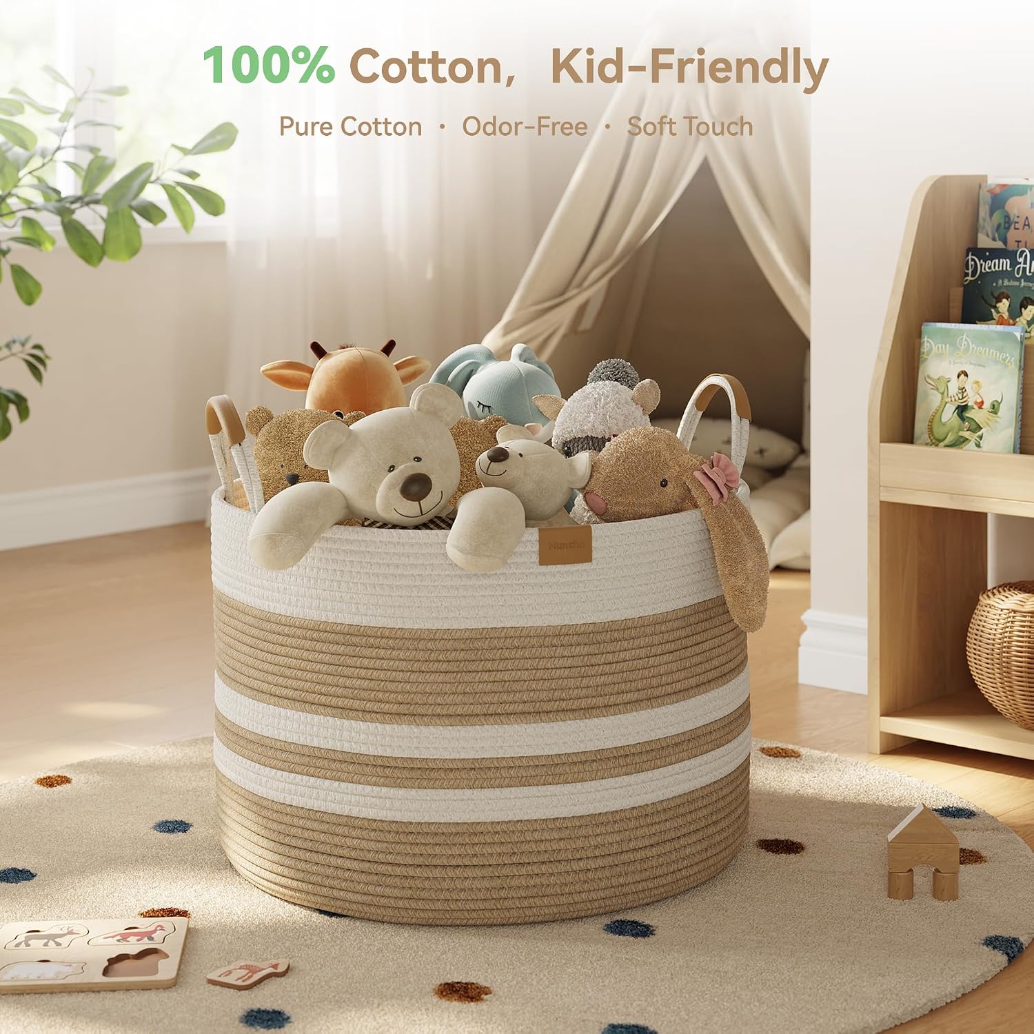 Detalle de Nunsino 72L Cotton Rope Basket with Leather Handles, Brown and White