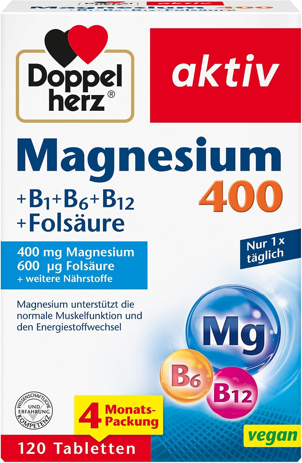 Detalle de Doppelherz Magnesium 400 + B1 + B6 + B12 + Folsäure – 120 vegane Tabletten