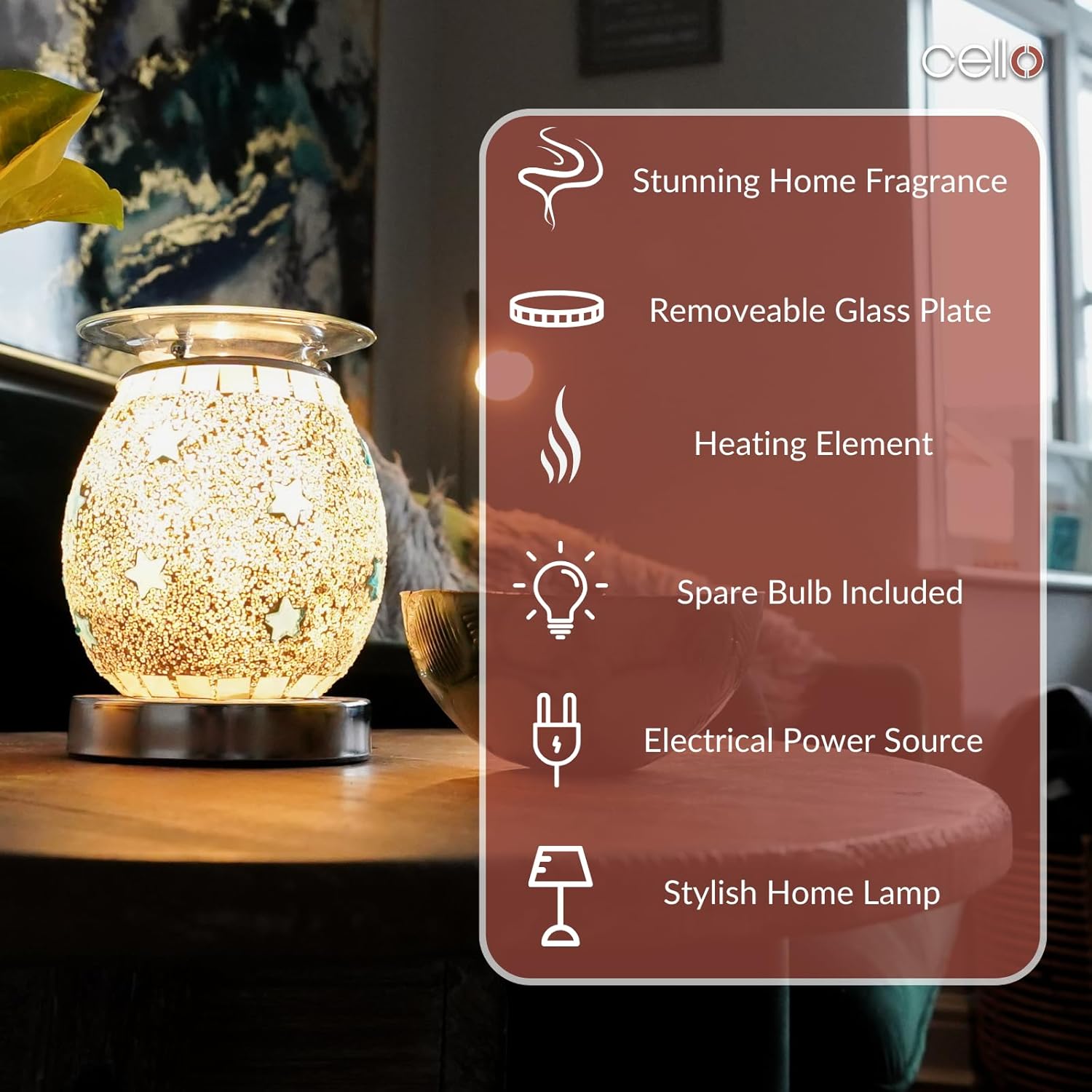 Thumbnail 3 de Cello Blue Star Mosaic Touch Electric Wax Melt & Oil Burner (Touch Control, Night Light)