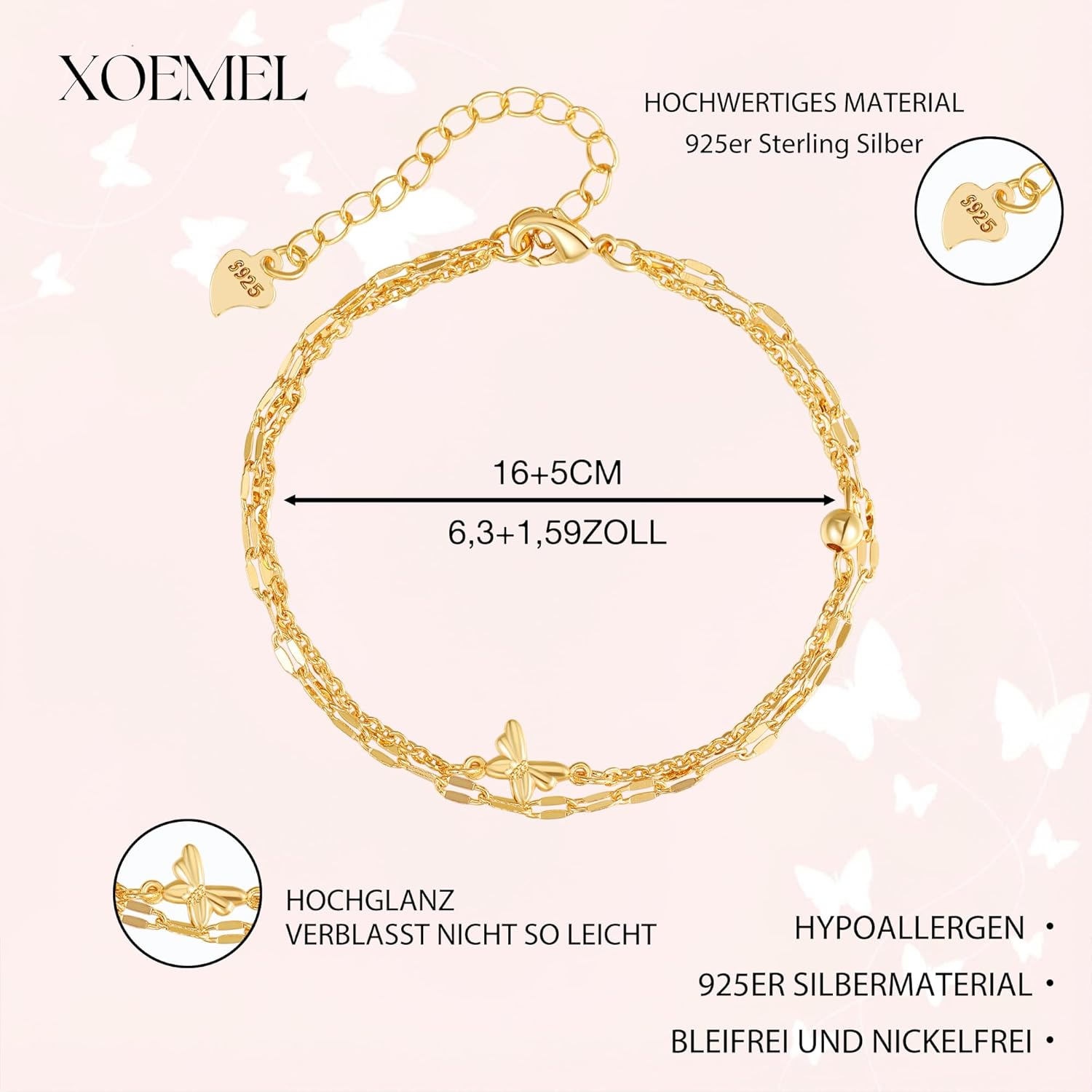 Detalle 2 de XOEMEL Armband Silber 925 für Damen mit Schmetterlings-Design, Rosegold & Perlen, verstellbares Layered Armband