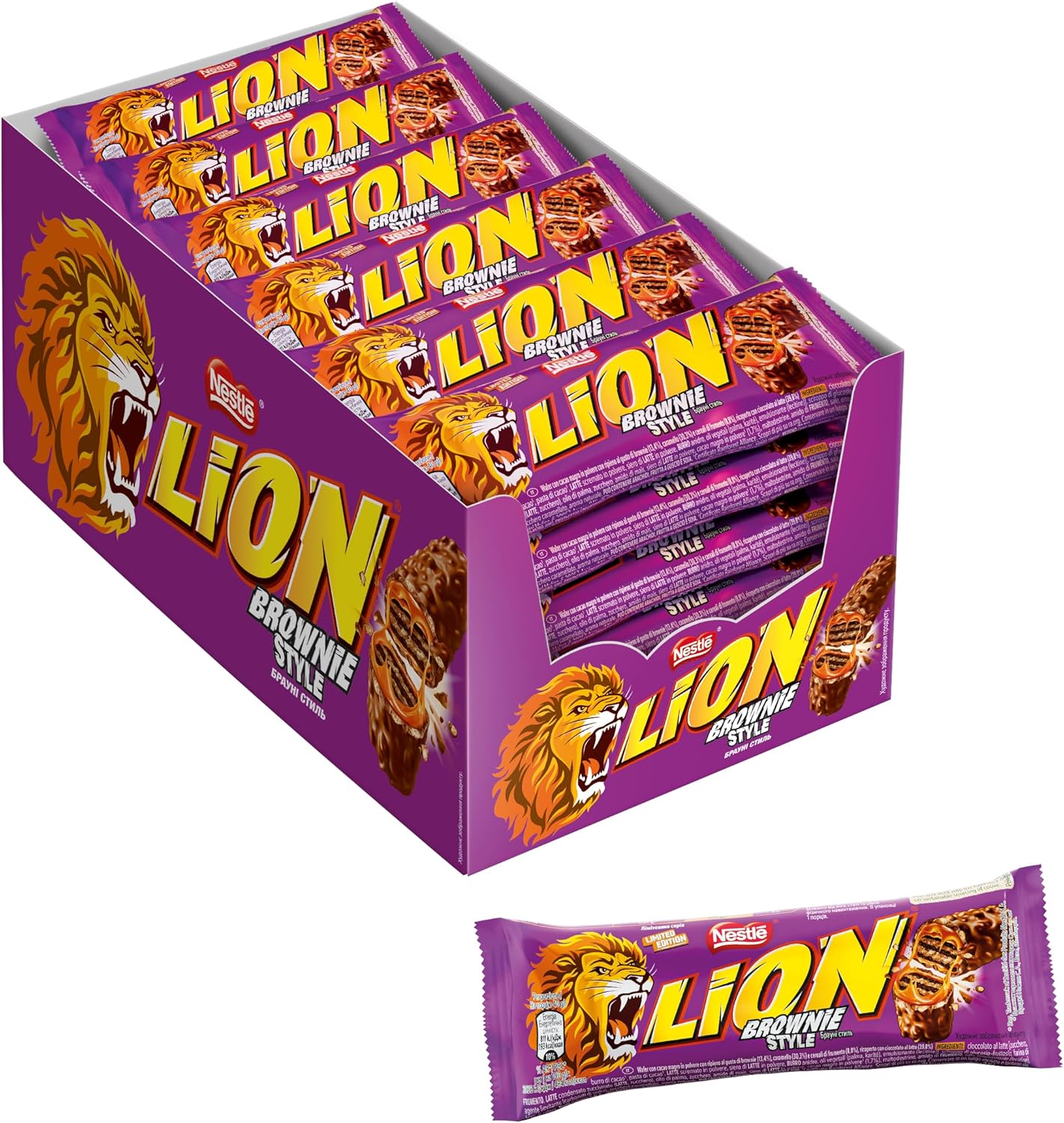 Detalle de LION Brownie Limited Edition Wafer: Snack da 24 pezzi da 40 g con ripieno brownie, caramello e cereali, coperto di latte
