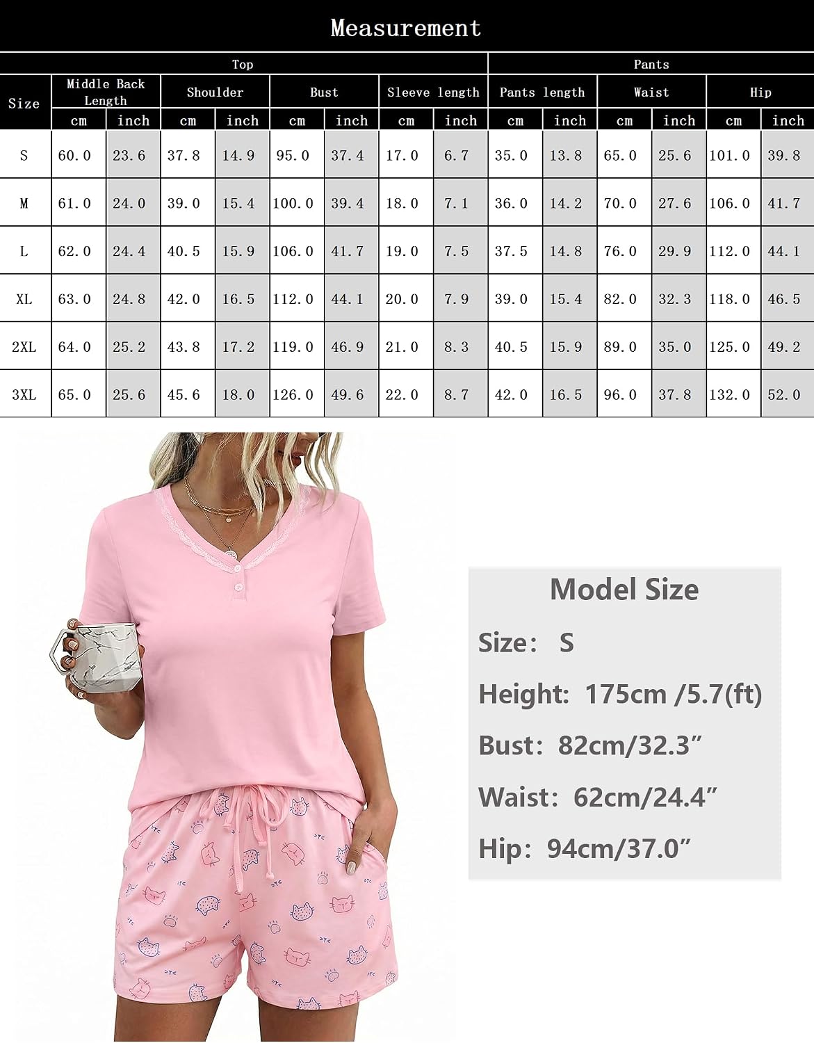 Detalle de Aseniza Damen Schlafanzug Kurz Set – Baumwolle, V-Ausschnitt, Spitzenbesatz, 2-teilig (S–XXL)