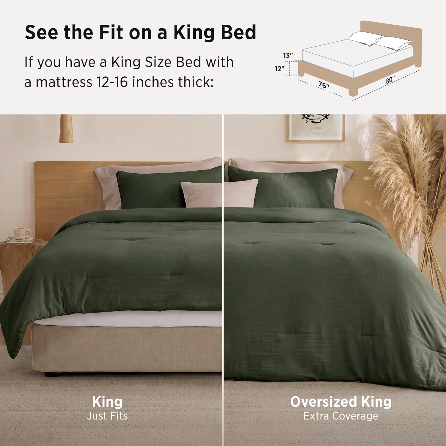 Detalle de Bedsure BB349B2 Prewashed Oversized King Comforter Set, Dark Green, 3-Piece