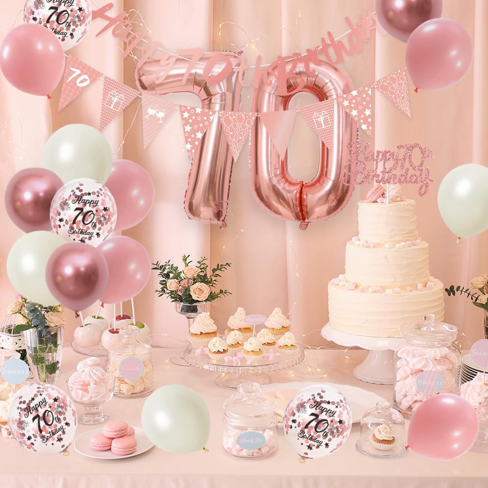 Thumbnail 5 de 70th Birthday Decorations Retro Pink & Rose Gold Set (Double Digits) for Women & Girls