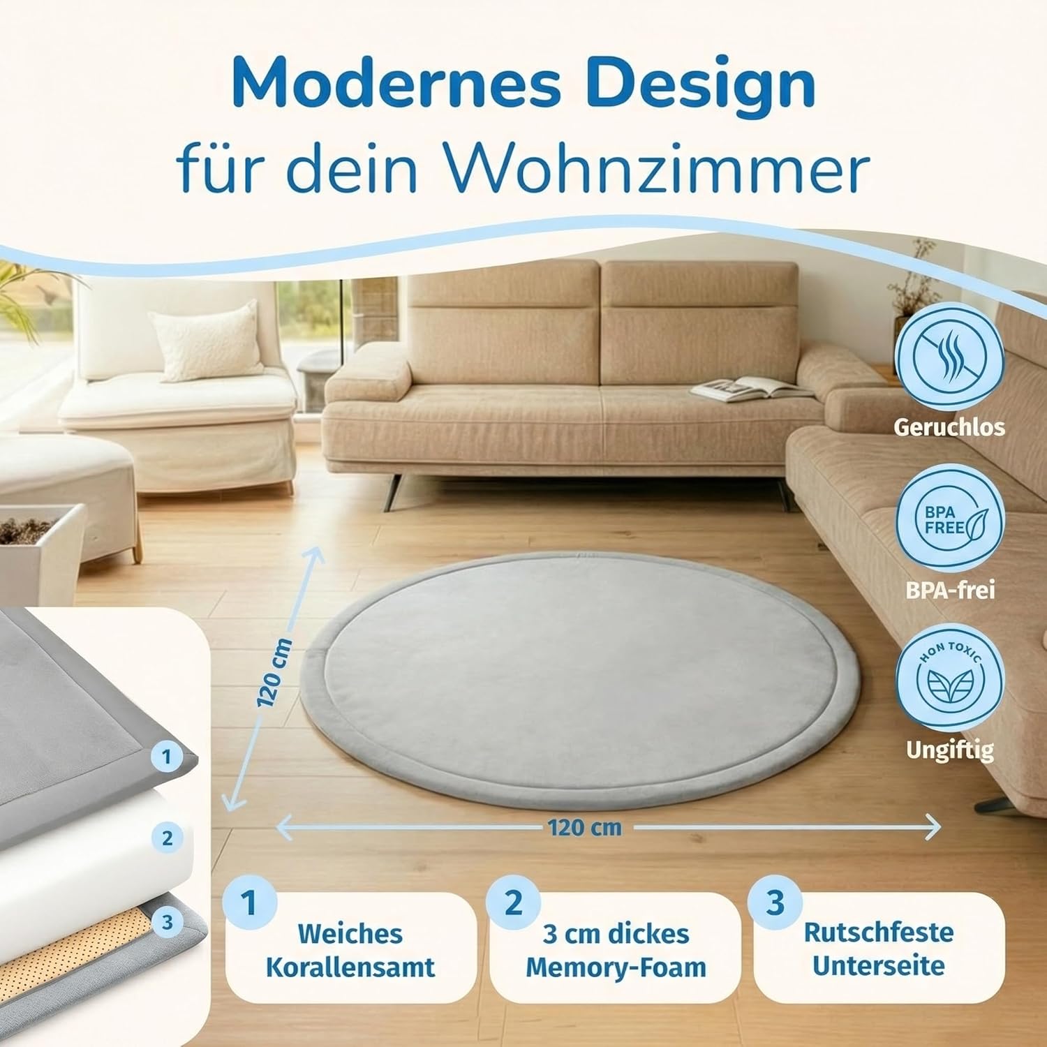 Detalle de BabybeFun Krabbelmatte Baby – rund, 3 cm Dicke, rutschfest & warm