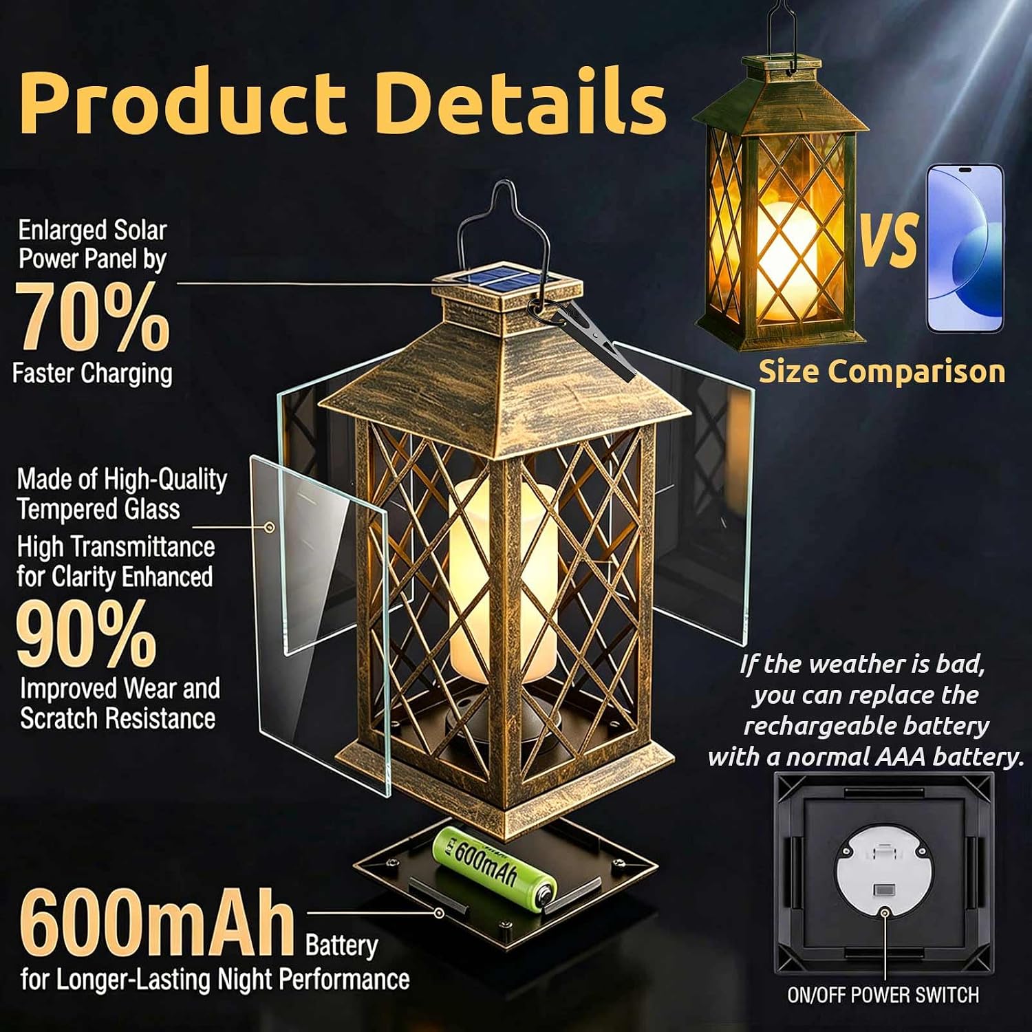 Detalle 2 de Joycome Solar Lanterns for Outside (2 Pack) – Bronze, Hanging LED Lanterns with Flickering Candle
