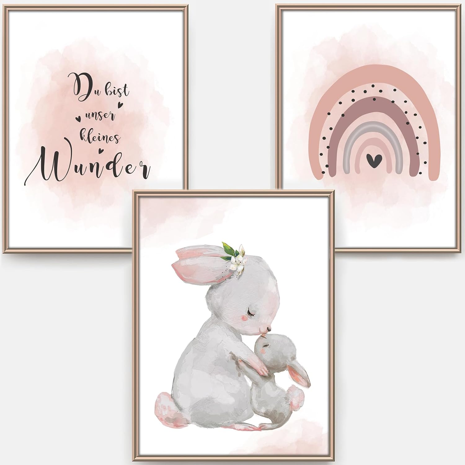 Thumbnail 5 de artpin® 3er-Set Poster Kinderzimmer Regenbogen Hasen A4 (ohne Rahmen) für Mädchen – Rosa/Grau
