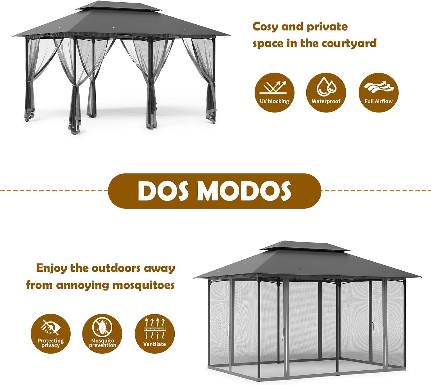 Detalle 1 de Amopatio Gartenpavillon 2,8x2,8 m mit Doppeldach, wasserdicht & Moskitonetz (Grau)
