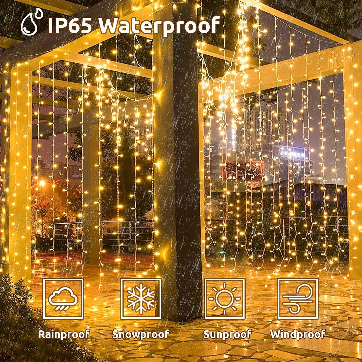 Detalle 2 de Dekofun 2 pezzi tenda luminosa 6x3 m con 600 LED bianco caldo, timer e 8 modalità, IP65