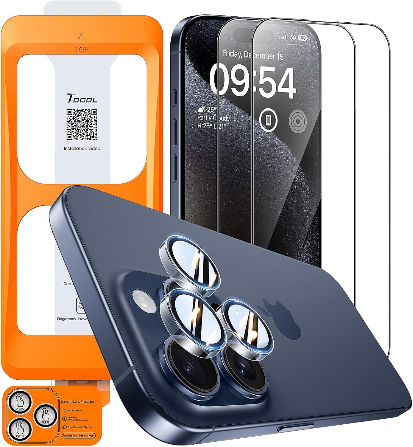 Detalle de TOCOL 2+1 Pack for iPhone 15 Pro Max Screen Protector