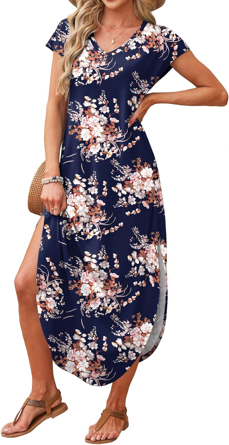 Detalle de RUMIA Summer Casual Maxi Dress for Women with V-Neck, Cap Sleeves, Pockets, and Boho Vibe