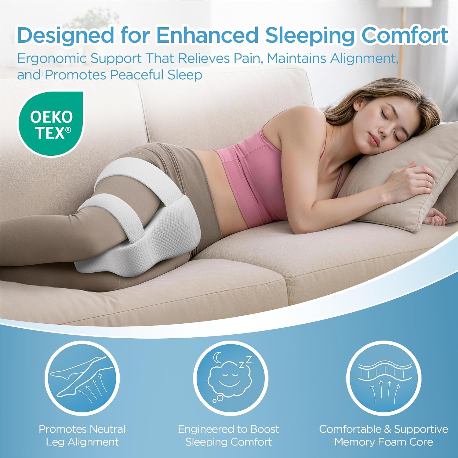 Detalle de PinkFroggie FC003-Leg Pillow Memory Foam Knee Pillow with Straps and Washable Cotton Cover