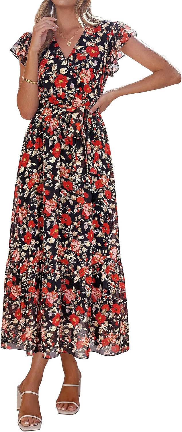Detalle de PRETTYGARDEN Women's Summer Floral Boho Maxi Dress with Wrap V-Neck