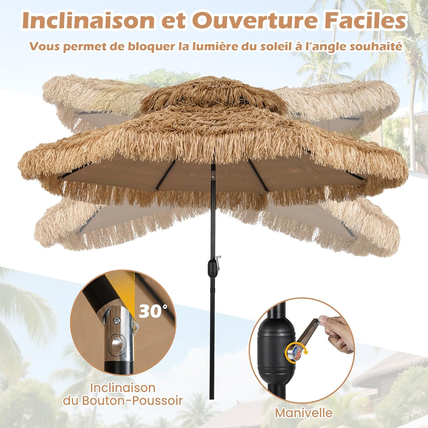 Thumbnail 3 de GOPLUS parasol 3 m en paille PE style hawaïen à double toit inclinable 30°