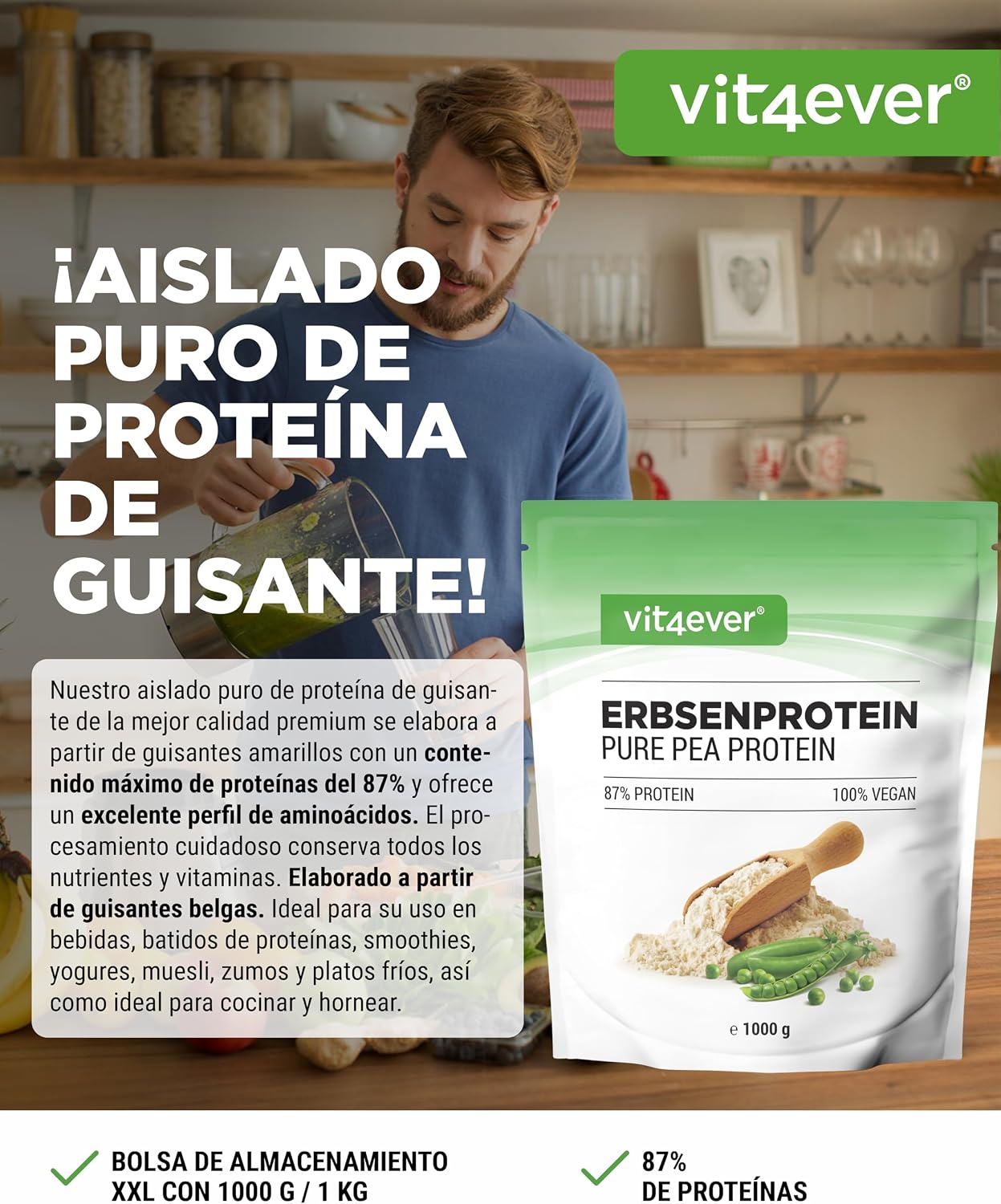 Thumbnail 1 de Vit4ever Pea Protein: aislado de proteína de guisante en polvo 1000 g (87%) sin gluten ni lactosa