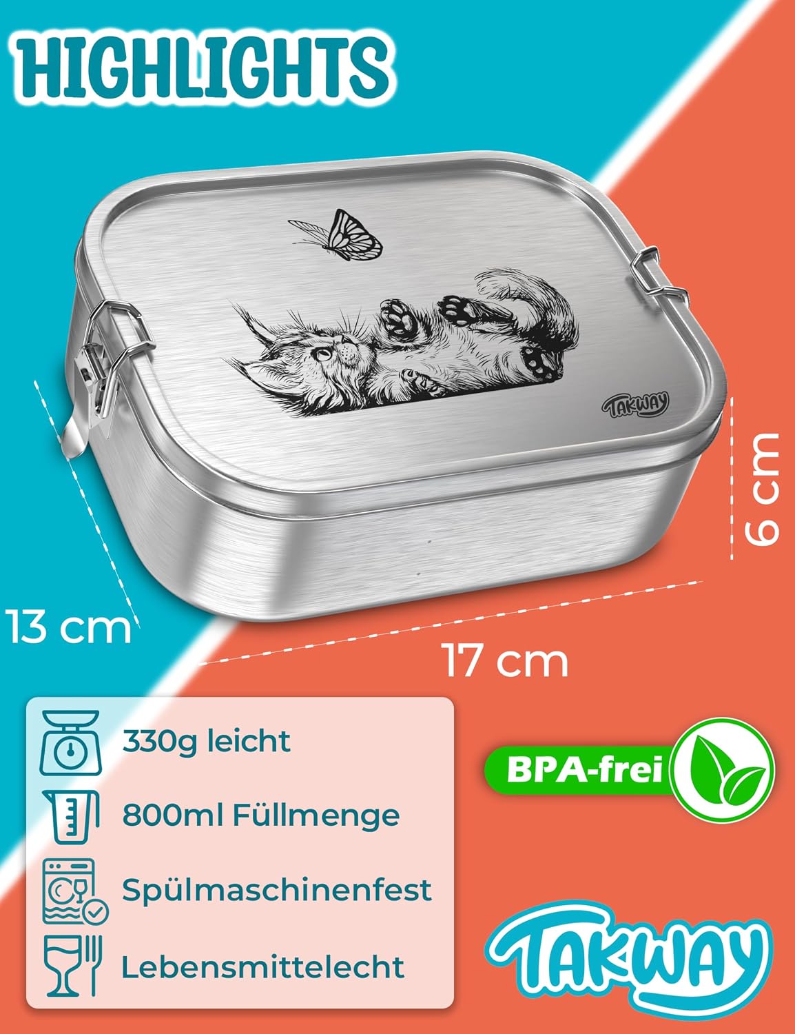 Thumbnail 1 de TAKWAY Edelstahl Brotdose 800ml mit Fächern – Auslaufsichere Bento Box für Kinder und Erwachsene