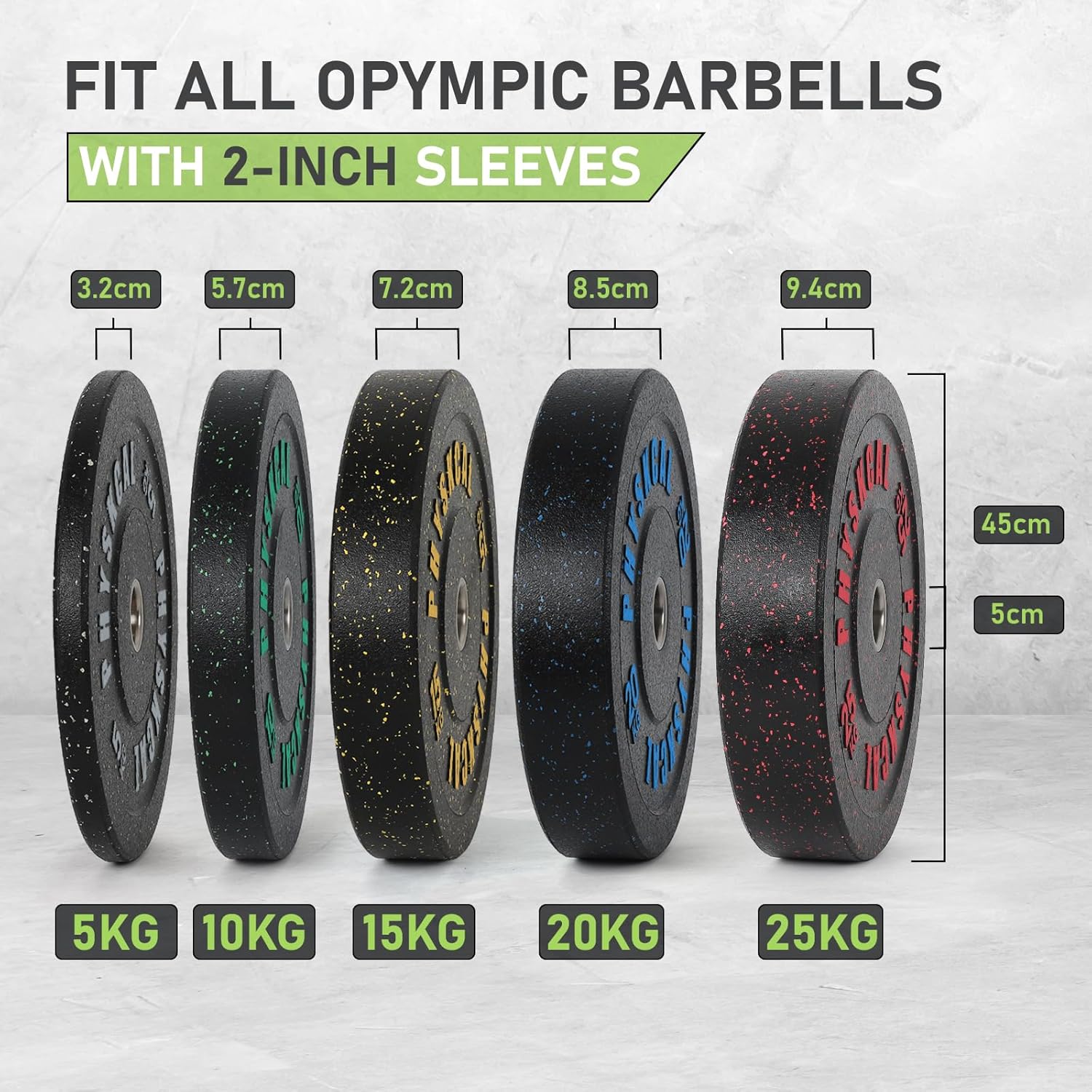 Thumbnail 4 de PhysKcal Hi-Temp Crumb Rubber Olympic Bumper Plates with 2’’ Stainless Steel Insert (IWF coloured weight discs)