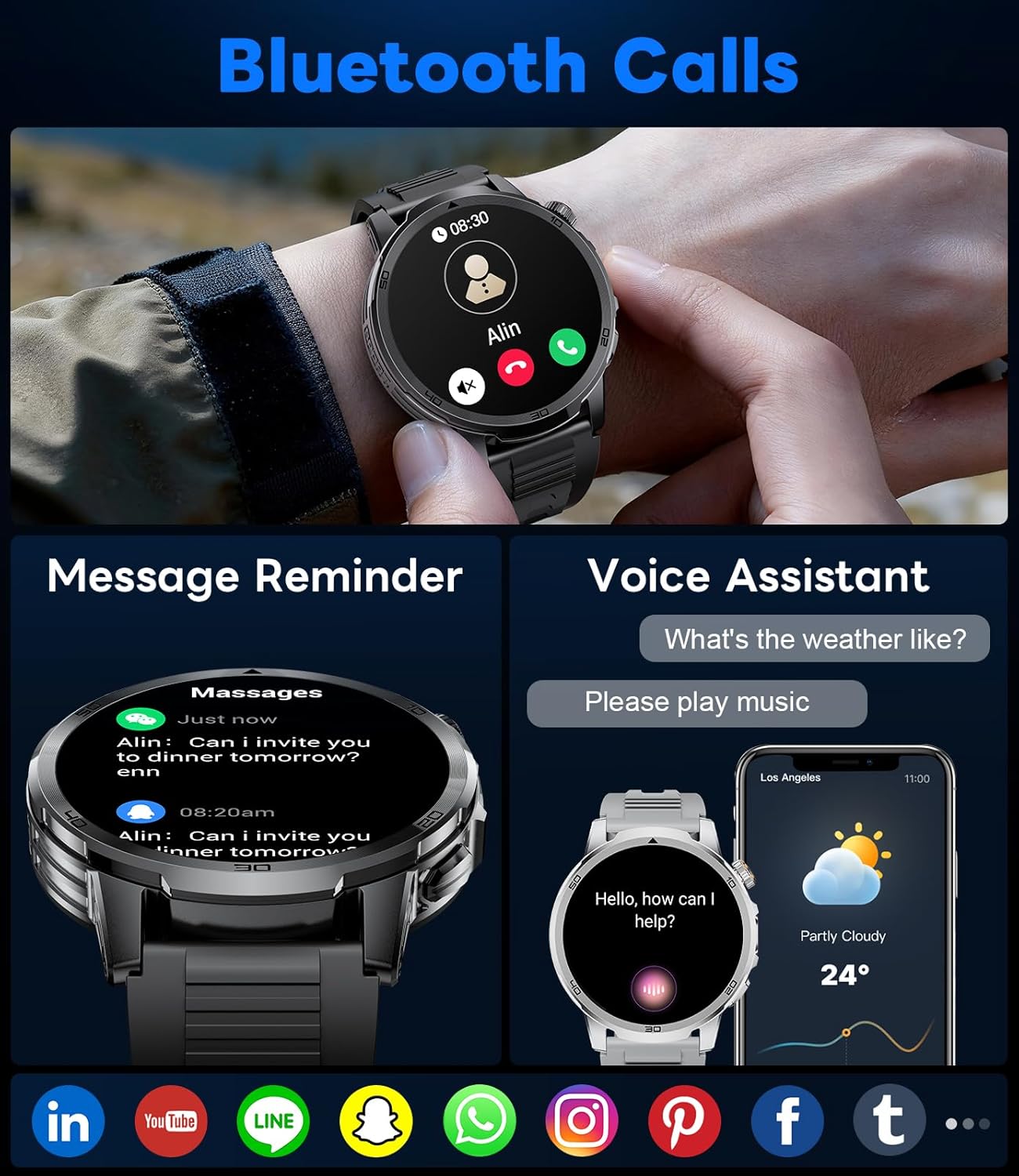 Thumbnail 3 de Montre Connectée Homme 1,85" : écran tactile, appels Bluetooth, cardio & sommeil, IP68, torche LED