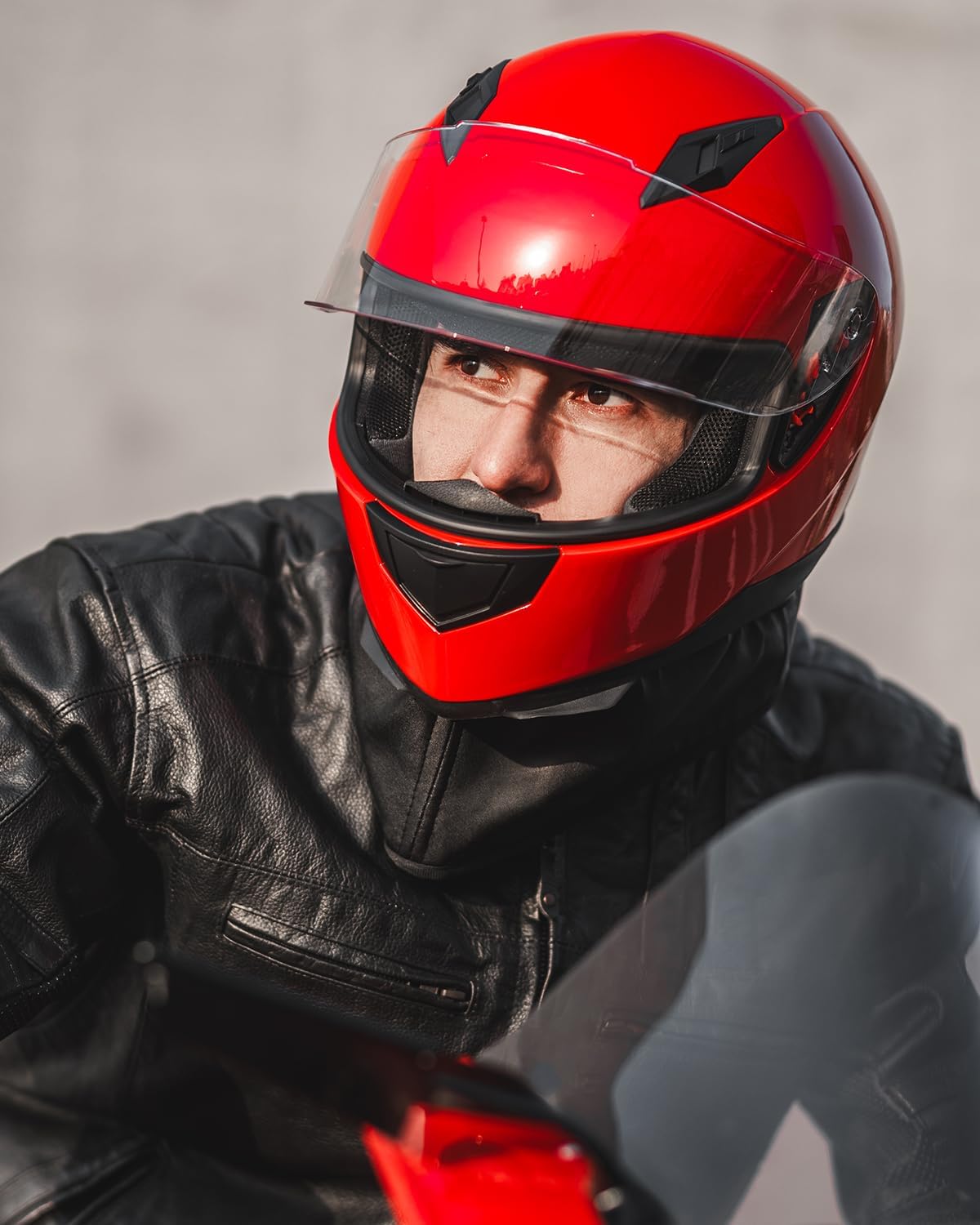Detalle de ILM-313 Full Face Street Bike Helmet (DOT) with 2 Visors + Removable Winter Neck Scarf, Bright Red (L)