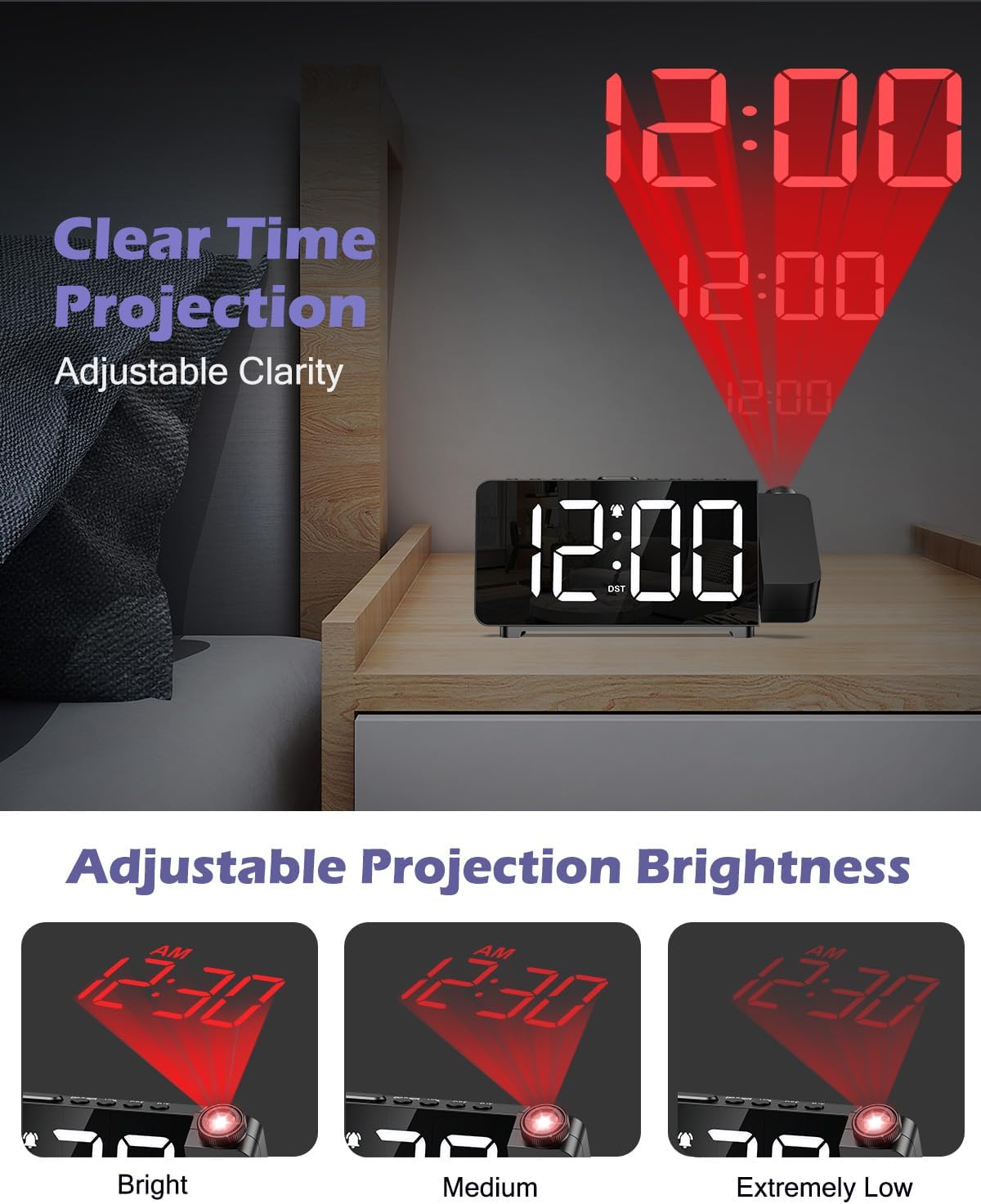 Detalle de OQIMAX projectiewekker met 7,4-inch ledscherm en 180°-projectie