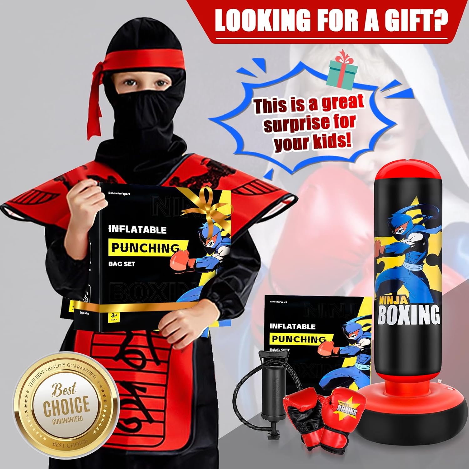Thumbnail 6 de Punching Bag for Kids – 66 inch Inflatable Boxing Set with Gloves (Ages 5–12)