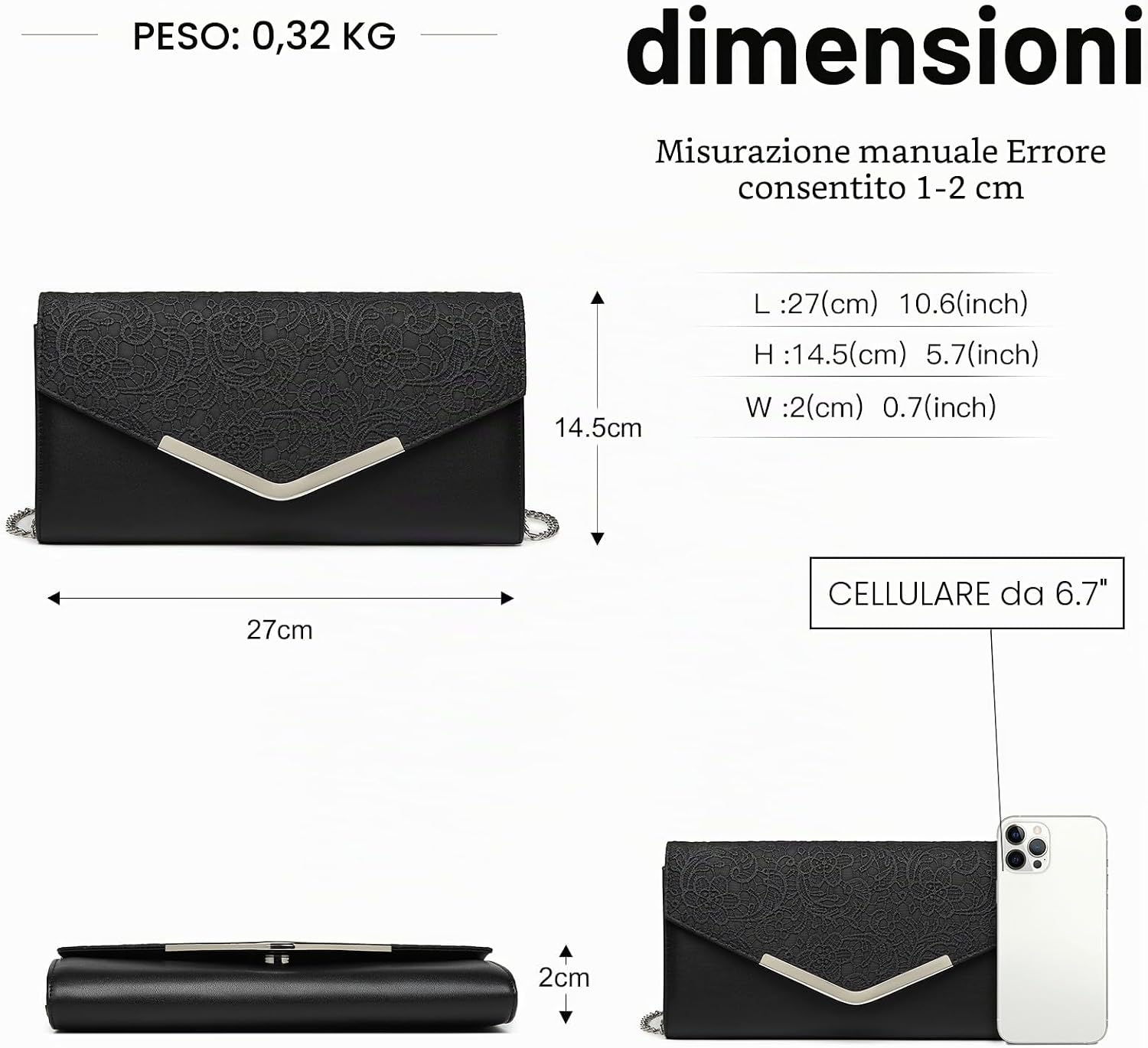 Thumbnail 5 de Miss Lulu Pochette e Clutch da Donna: pochette in pizzo floreale con tracolla a catena