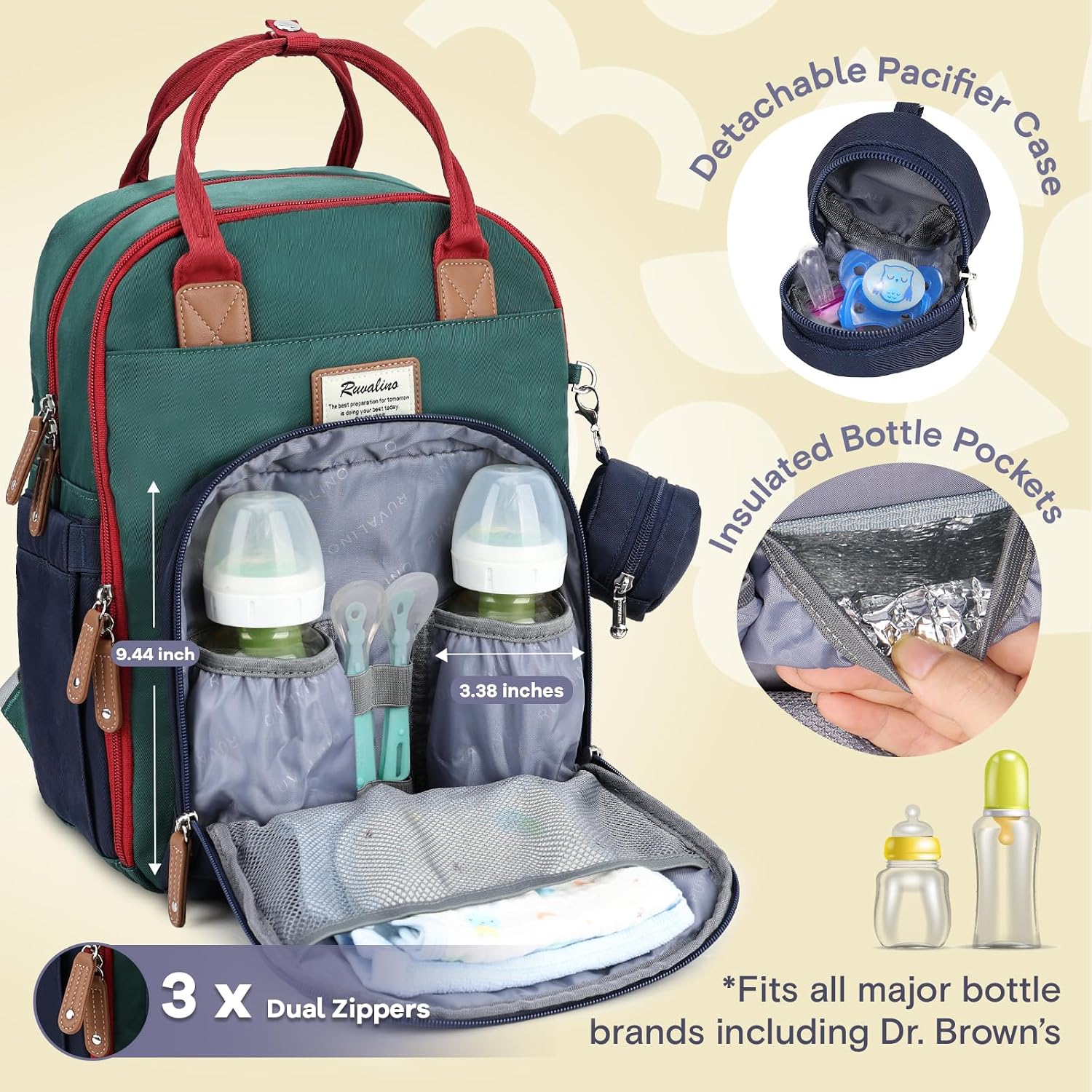 Thumbnail 3 de RUVALINO Diaper Bag Backpack: Multifunction Travel Backpack with Changing Pad, Insulated Bottle Holders & Pacifier Case (25L, Waterproof)