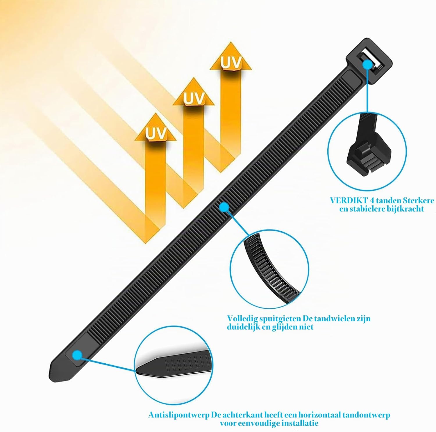 Detalle de KLJ 500x12mm kabelbinders, zwart, PA66-nylon, 500 mm en 110 kg treksterkte