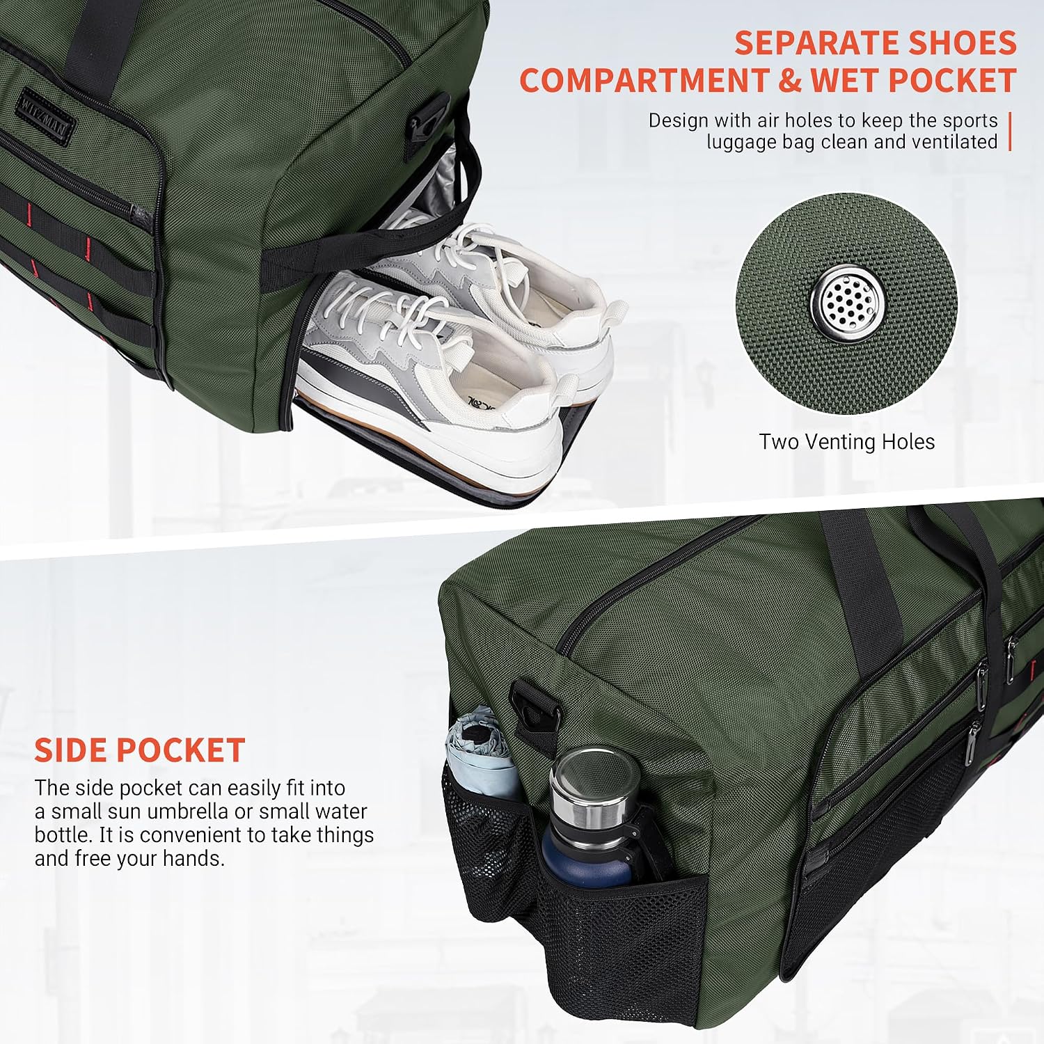 Detalle de WITZMAN Foldable Duffle Bag 65L (B697 Army Green) with Shoe Compartment