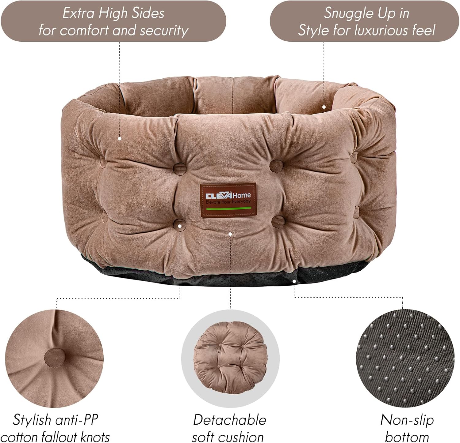 Detalle de ClevaHome Cuccia Deep Nest per Gatti fino a 7 kg – Letto rotondo in velluto beige