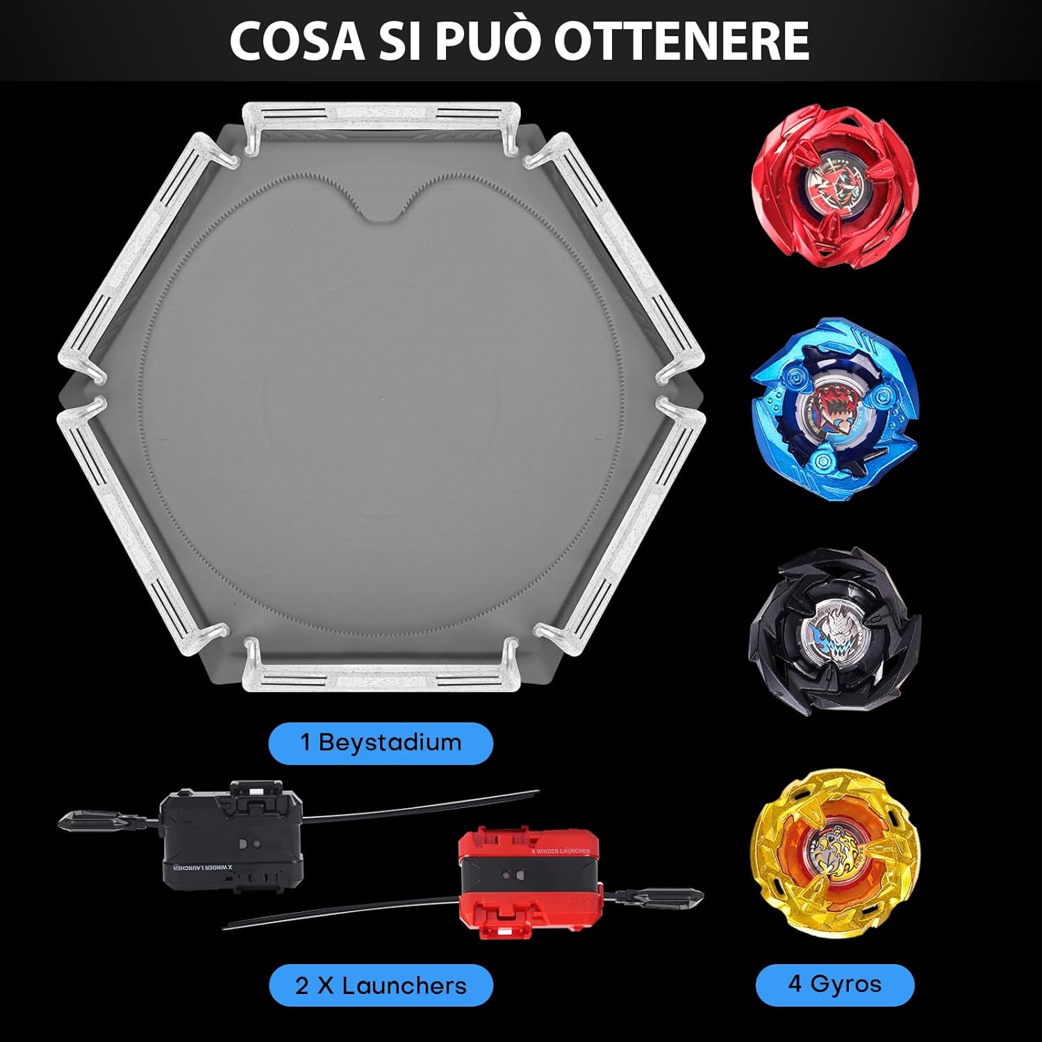 Thumbnail 2 de Gyro X Stadium Arena Set con binario di accelerazione X (4 trottole, 2 lanciatori e arena) per bambini dai 6 anni, grigio