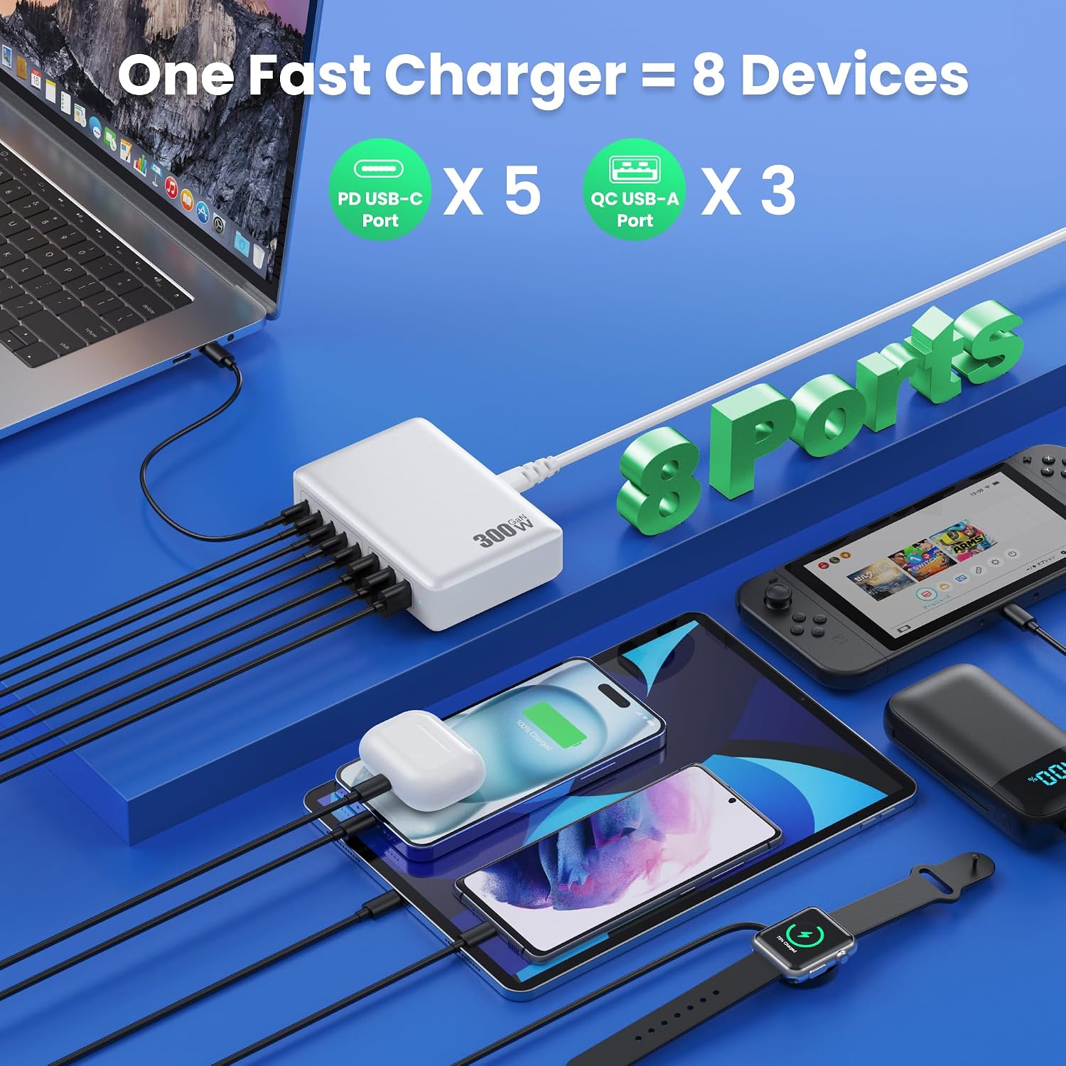 Detalle de Chargeur USB C 300W GaN IV Tech 8 ports – QODJN