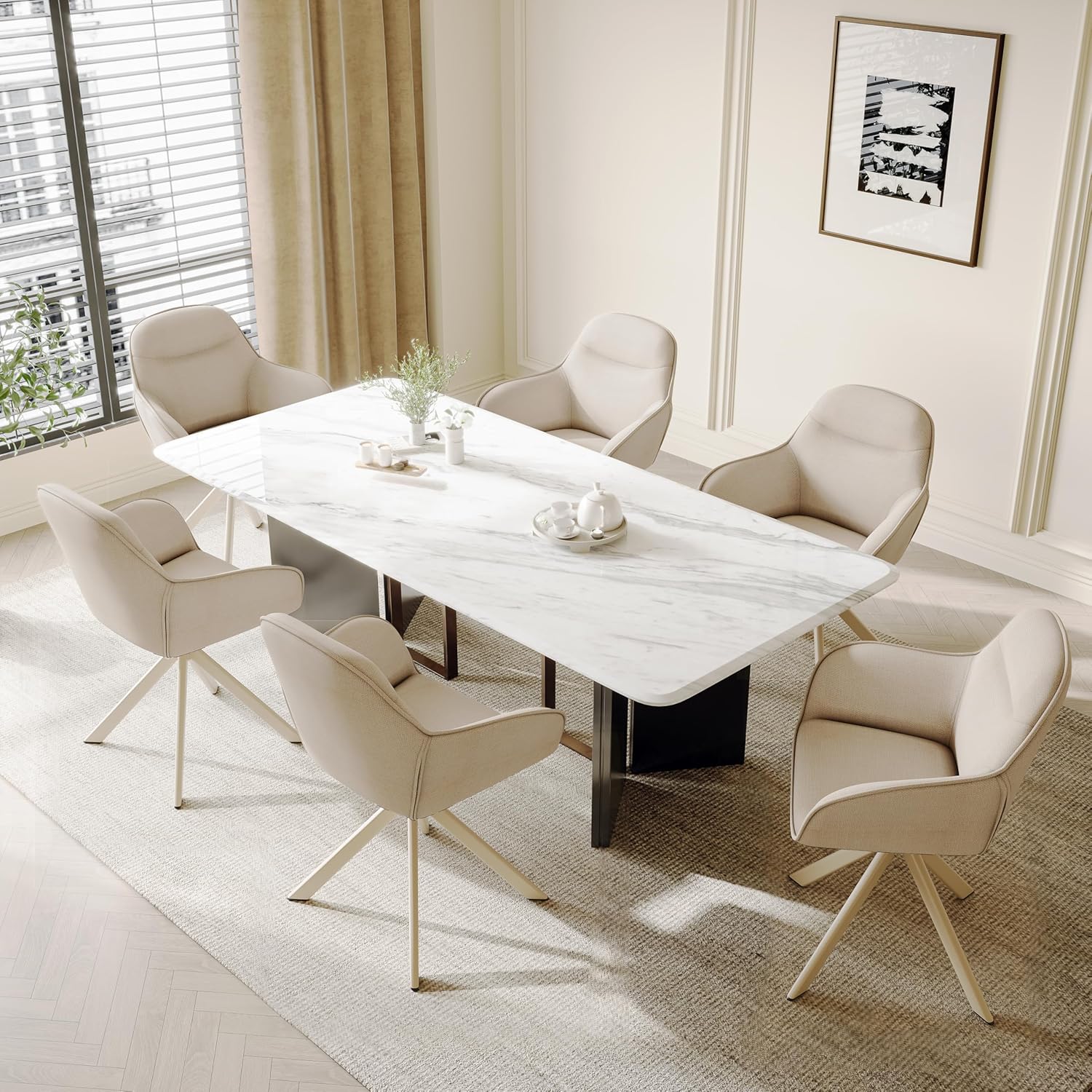 Detalle de Goeurvant Sedia da pranzo beige con bracciolo – set da 6 sedie girevoli, imbottite in poliestere