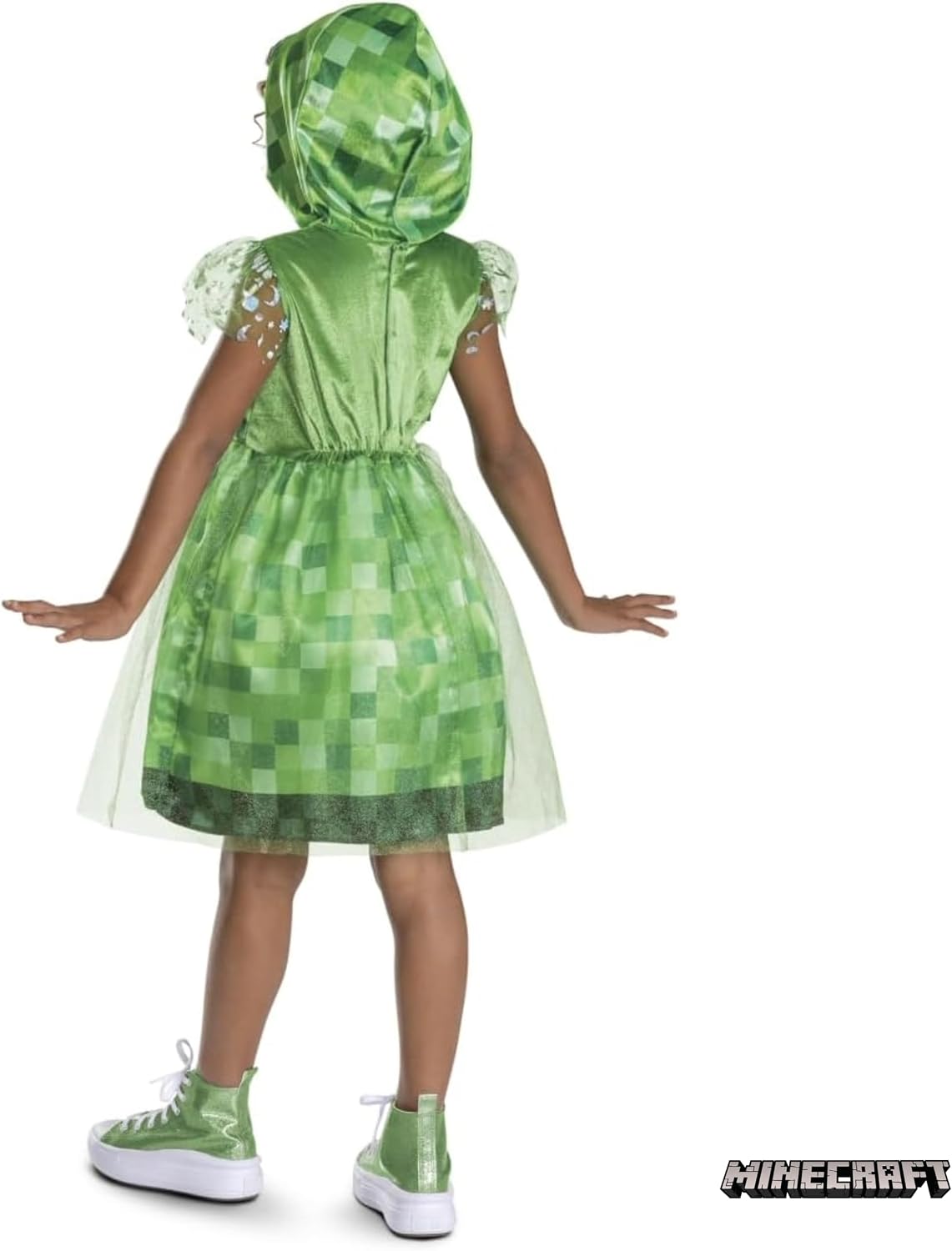 Detalle de Minecraft Creeper verkleedjurk met capuchon, pixelprint en meshdetails
