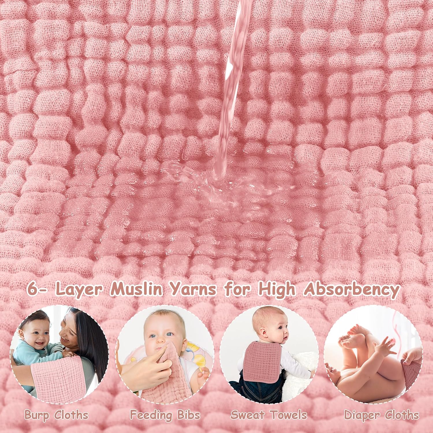 Thumbnail 4 de Looxii Muslin Burp Cloths, 6-Pack, 6-Layer Cotton, Gradient Pink, 20" x 10