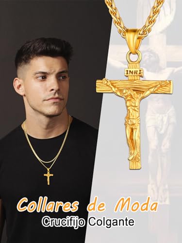 Detalle de U7 Colgante crucifijo con Jesús, acero inoxidable bañado en oro y cadena espiga ajustable
