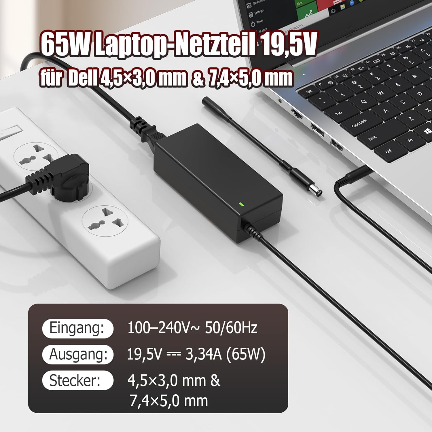 Thumbnail 1 de 65-W-Laptop-Ladekabel (Netzteil) für Dell – kompatibel u. a. mit Inspiron & Latitude (19,5 V, 65 W max)