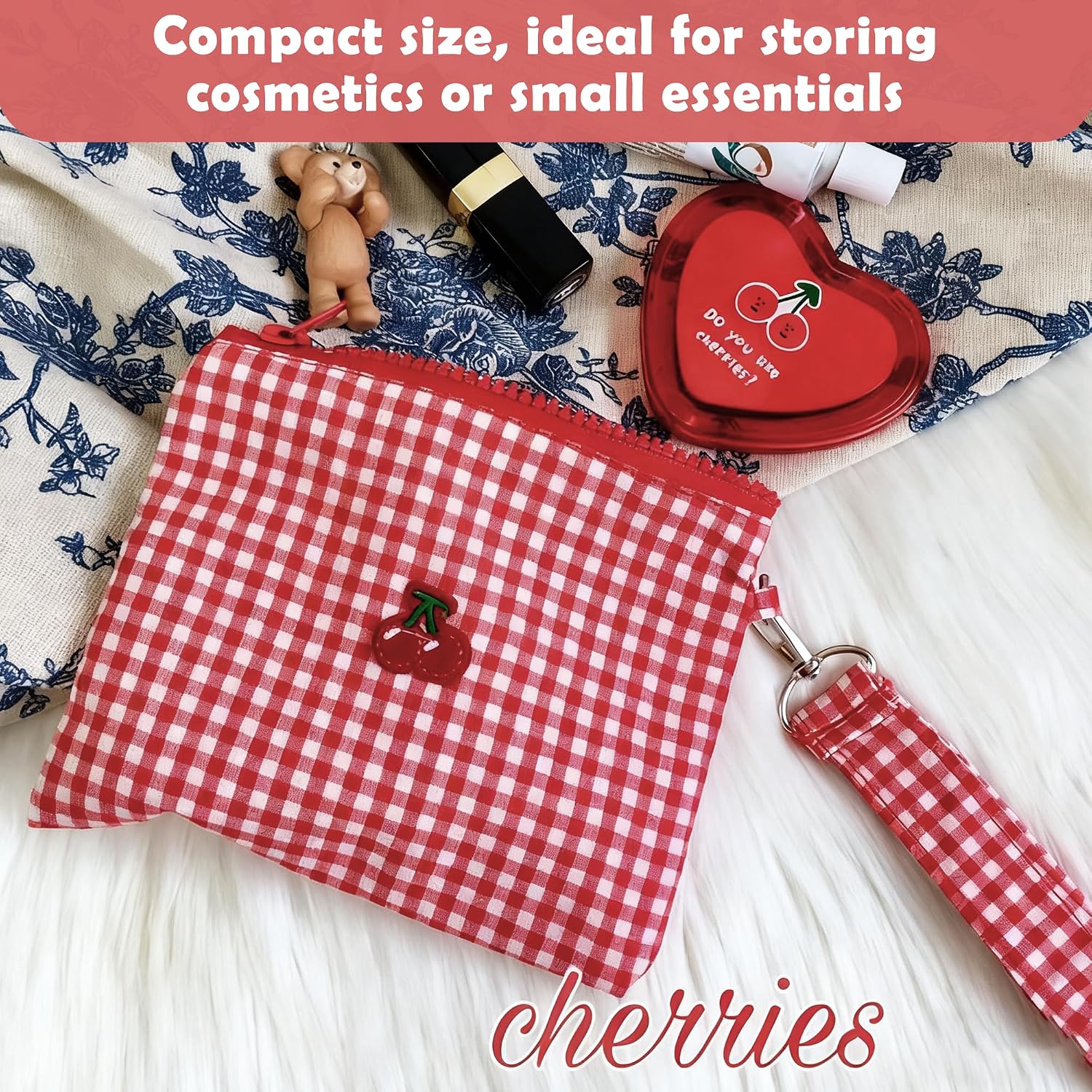 Thumbnail 3 de Portable Red Cherry Canvas Makeup Bag – Compact, Versatile Travel Pouch