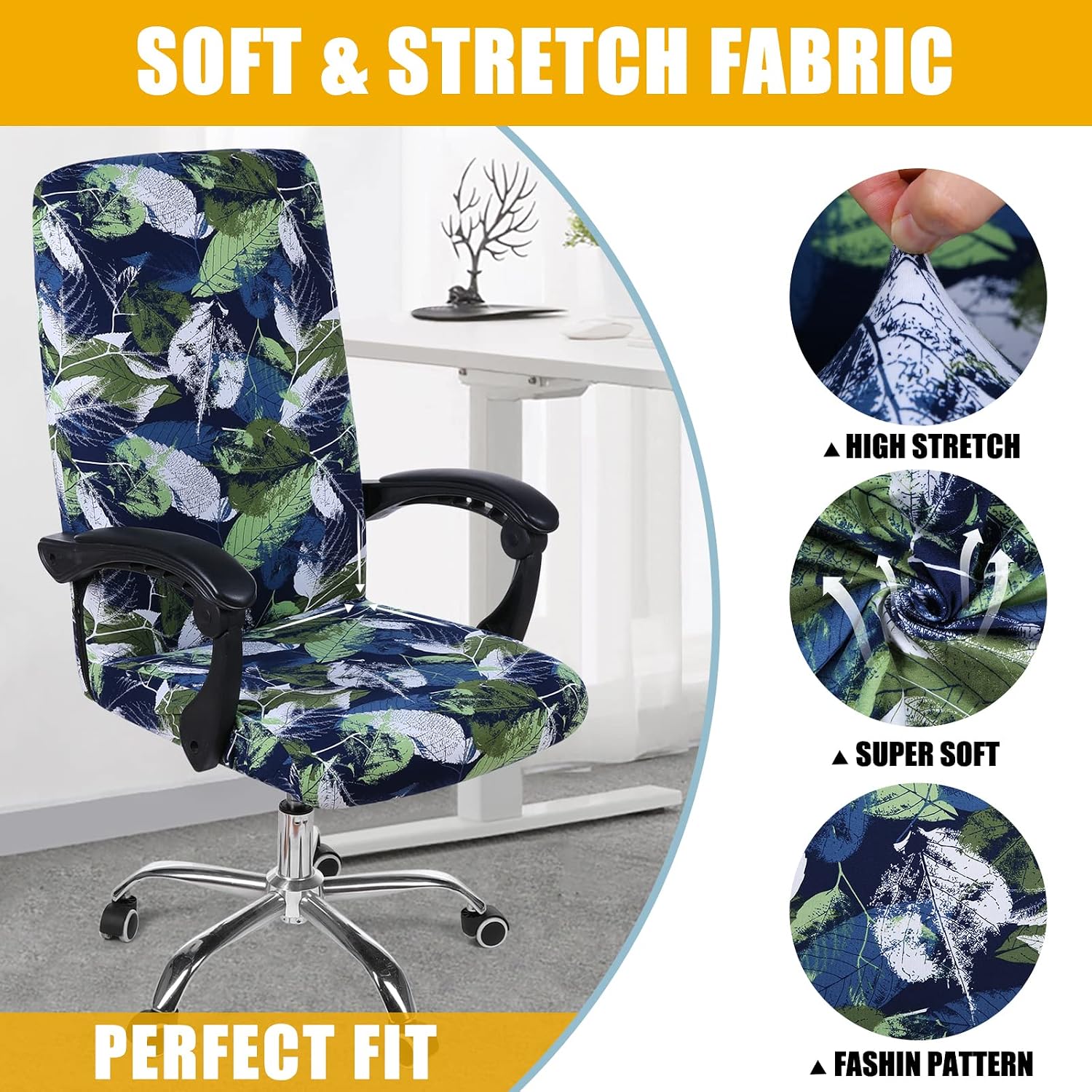 Thumbnail 3 de Smiry Printed Office Chair Cover, Deep Green Stretch Fabric with Zipper
