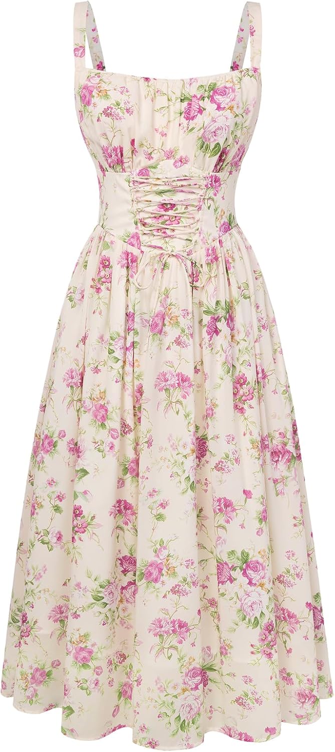 SCARLET DARKNESS Robe d’été femme à motif floral, bretelles spaghetti et style corset