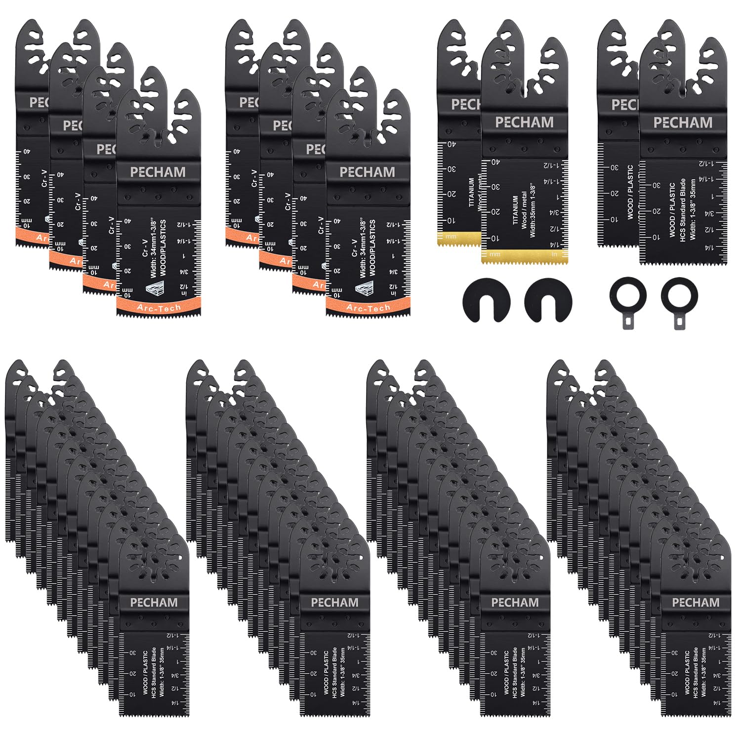 Detalle de PECHAM Tools-001 64-Piece Oscillating Multitool Blades, Titanium-Coated Teeth
