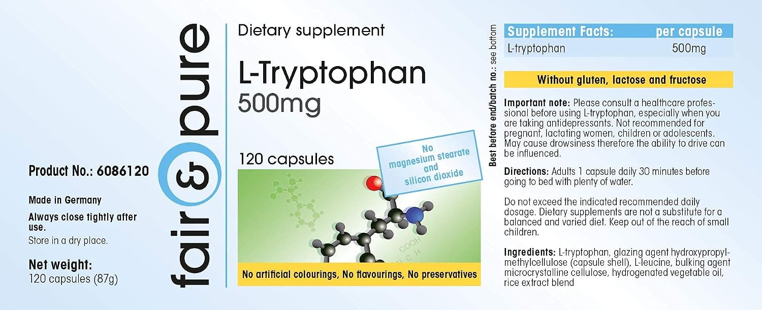 Detalle de Fair & Pure L-Tryptophan 500 mg — 120 Kapseln Hochdosiert, ohne Zusatzstoffe, in Deutschland hergestellt
