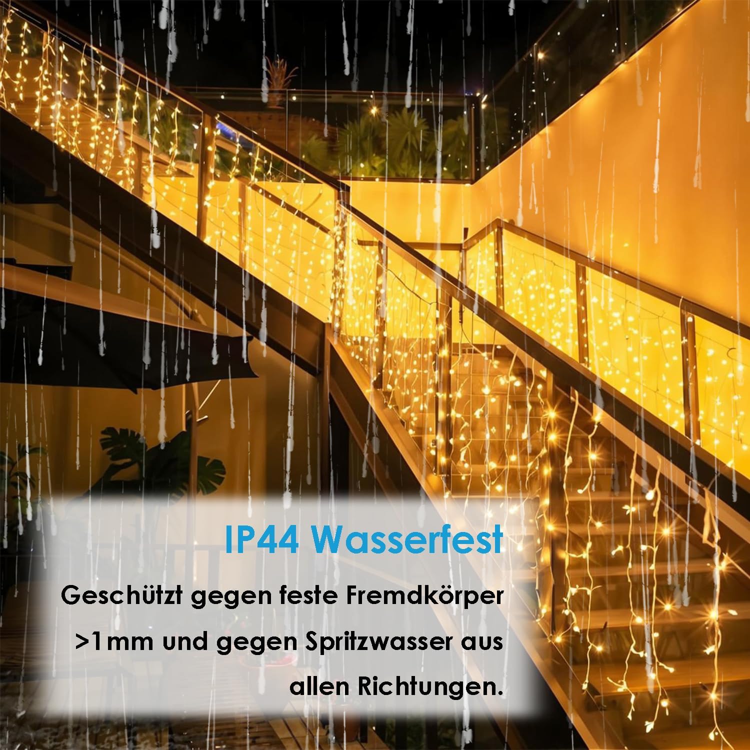Thumbnail 3 de YJY LIGHT Eisregen Lichterkette LED in Warmweiß (2500K) – 5 m Lichtvorhang mit 200 LEDs, 8 Modi, Timer & Memory, IP44