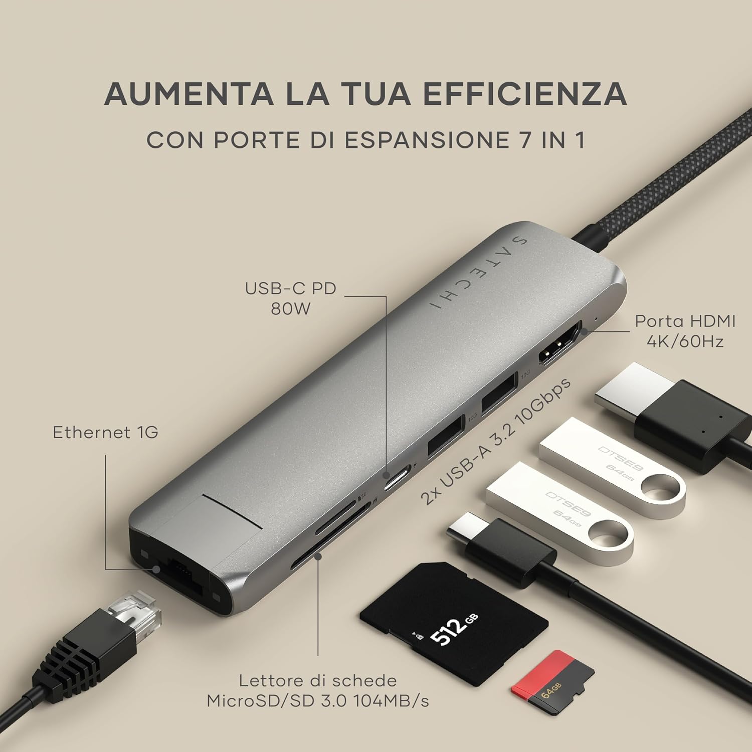 Detalle 2 de SATECHI 7 in 1 Hub USB-C Slim Plus con Ethernet, HDMI 4K@60Hz e ricarica PD 100W (grigio)