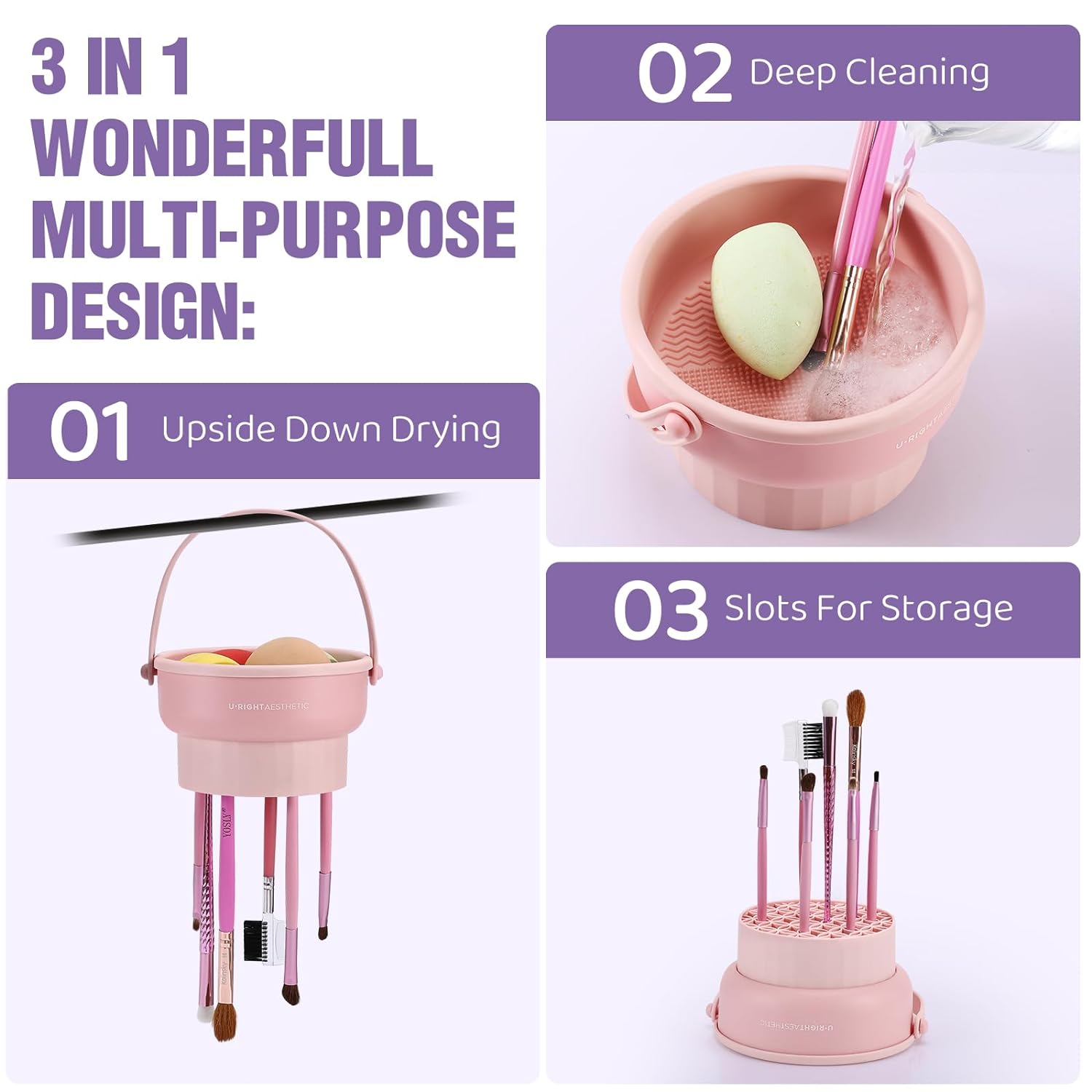 Detalle 2 de Makeup Brush Cleaner Mat 3-in-1 Silicone Bowl for Washing, Upside-Down Drying & Storage (Purple)