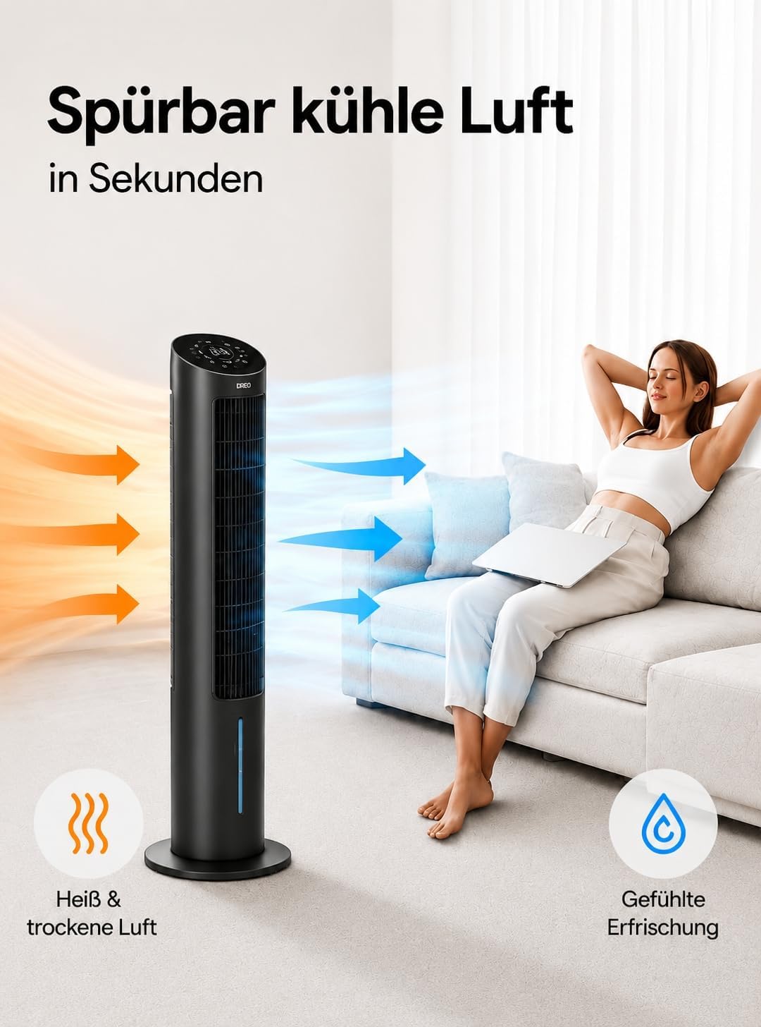 Detalle de DREO Turmventilator mit Kühlung – leise Verdunstungskühlung, 102 cm, Fernbedienung, 3 Modi, 4 Geschwindigkeiten, Schwarz