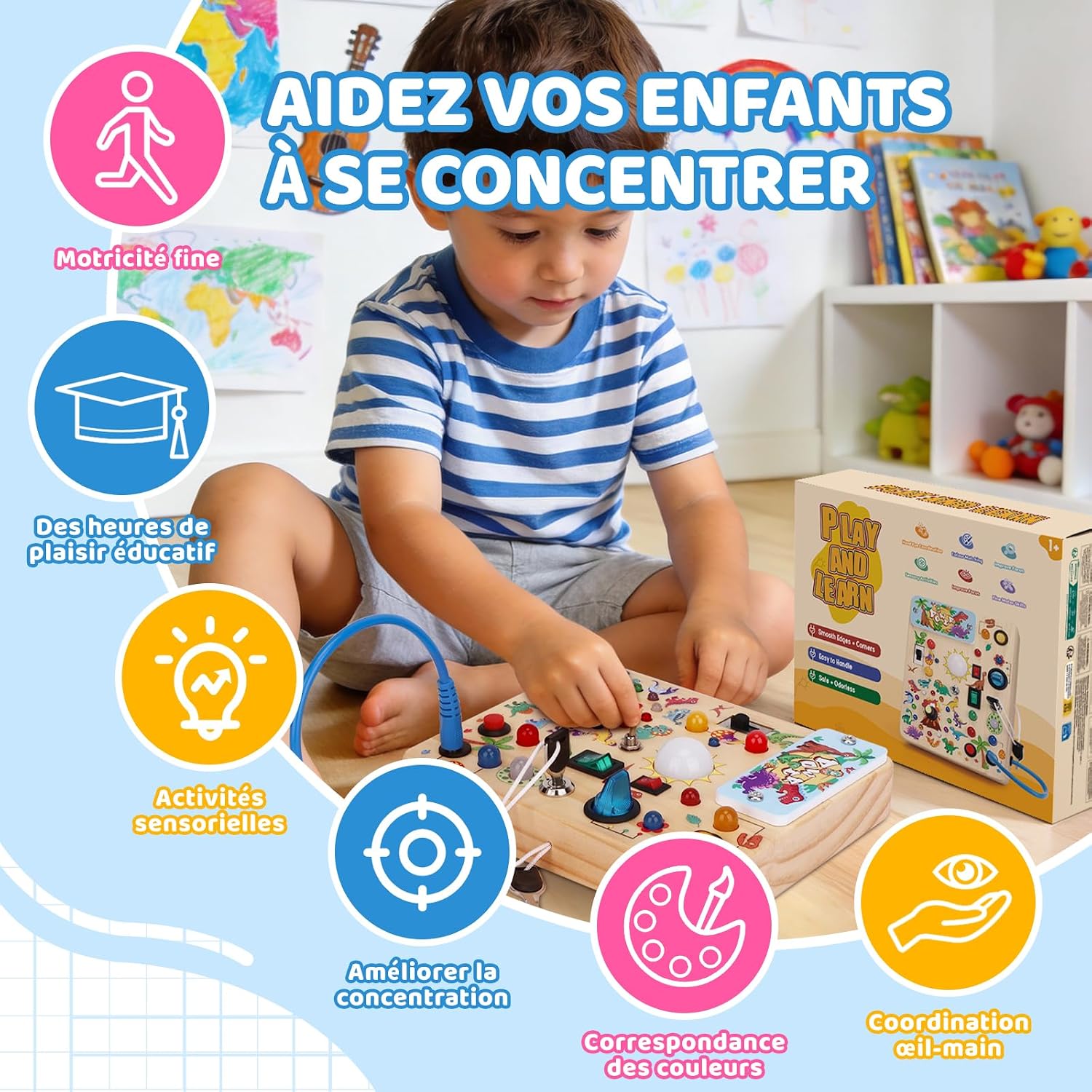 Detalle de Konijiwa Tableau d'activités Montessori Dinosaure: Jouet en bois avec 10 interrupteurs et 23 LED pour 1–3 ans