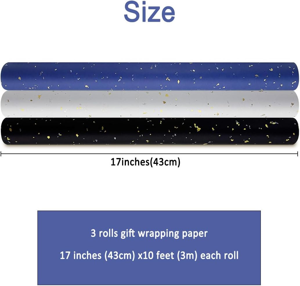 Detalle de 3 Rolls Birthday Gift Wrapping Paper (43cm x 3m) in Christmas Blue, White & Black – gift wrap for birthdays, parties and weddings