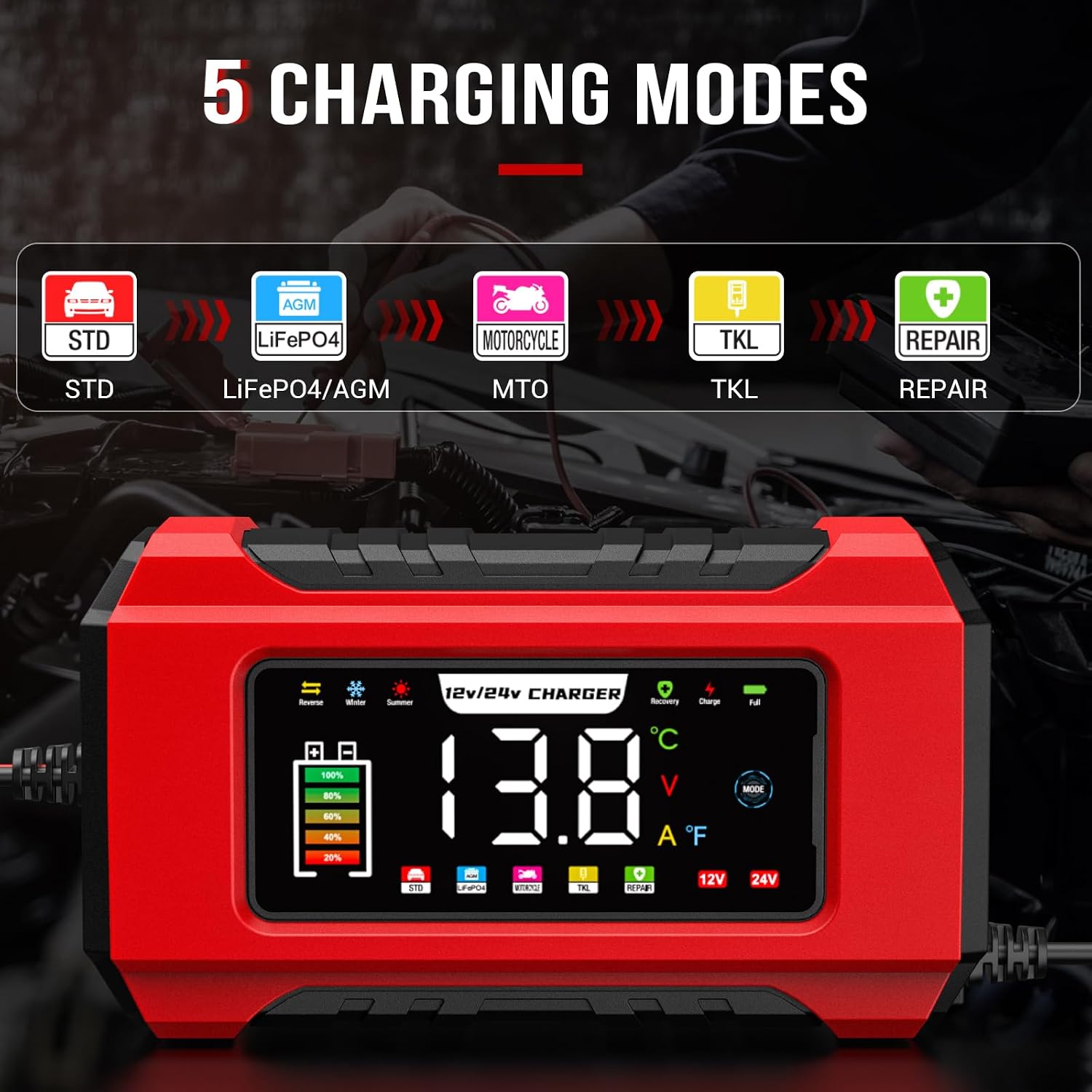 Thumbnail 2 de 15A Car Battery Charger, 12V/24V Smart Fully Automatic with Temperature Compensation