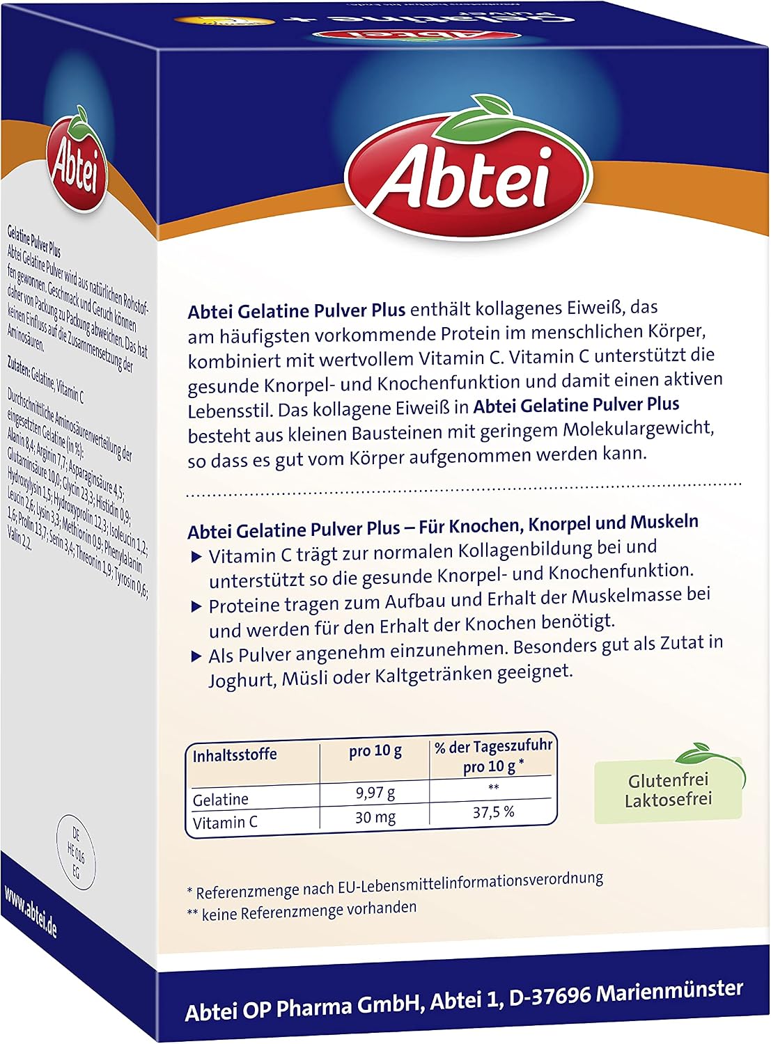 Detalle de Abtei Gelatine Pulver Plus – Reine Gelatine mit Vitamin C, 4 x 100 g Vorratspack (40 Portionen)